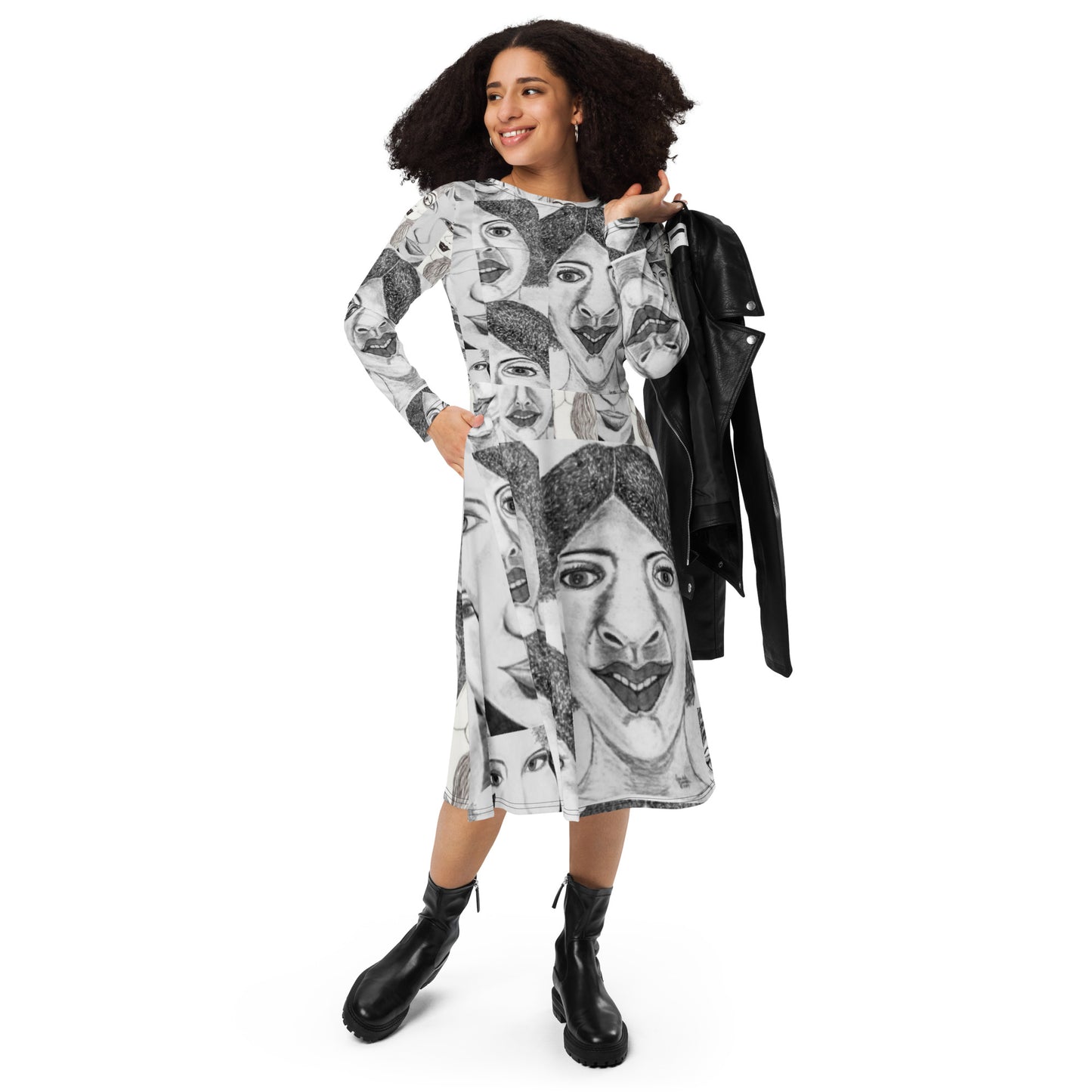 All-over print long sleeve midi dress