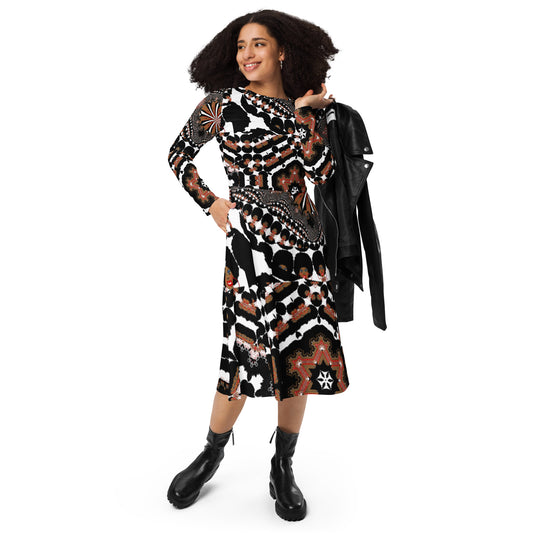 All-over print long sleeve midi dress