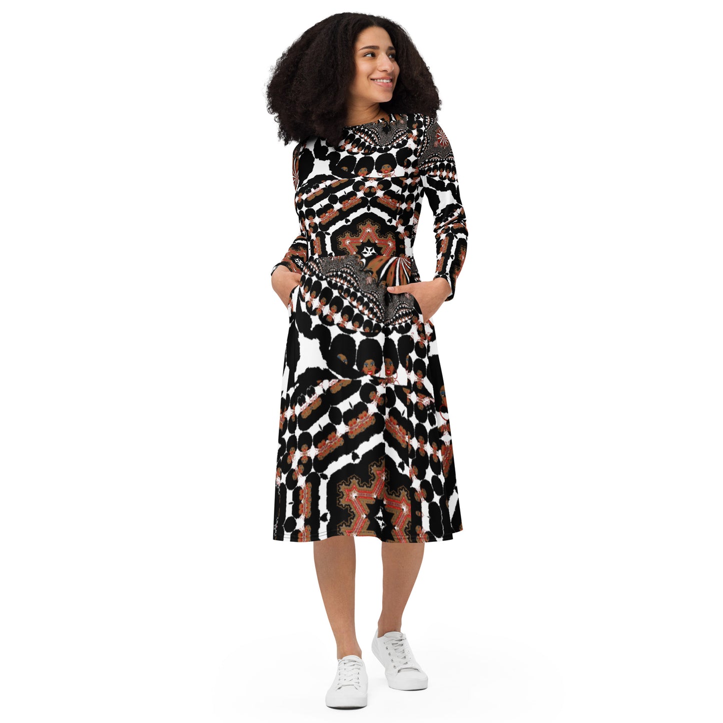 All-over print long sleeve midi dress