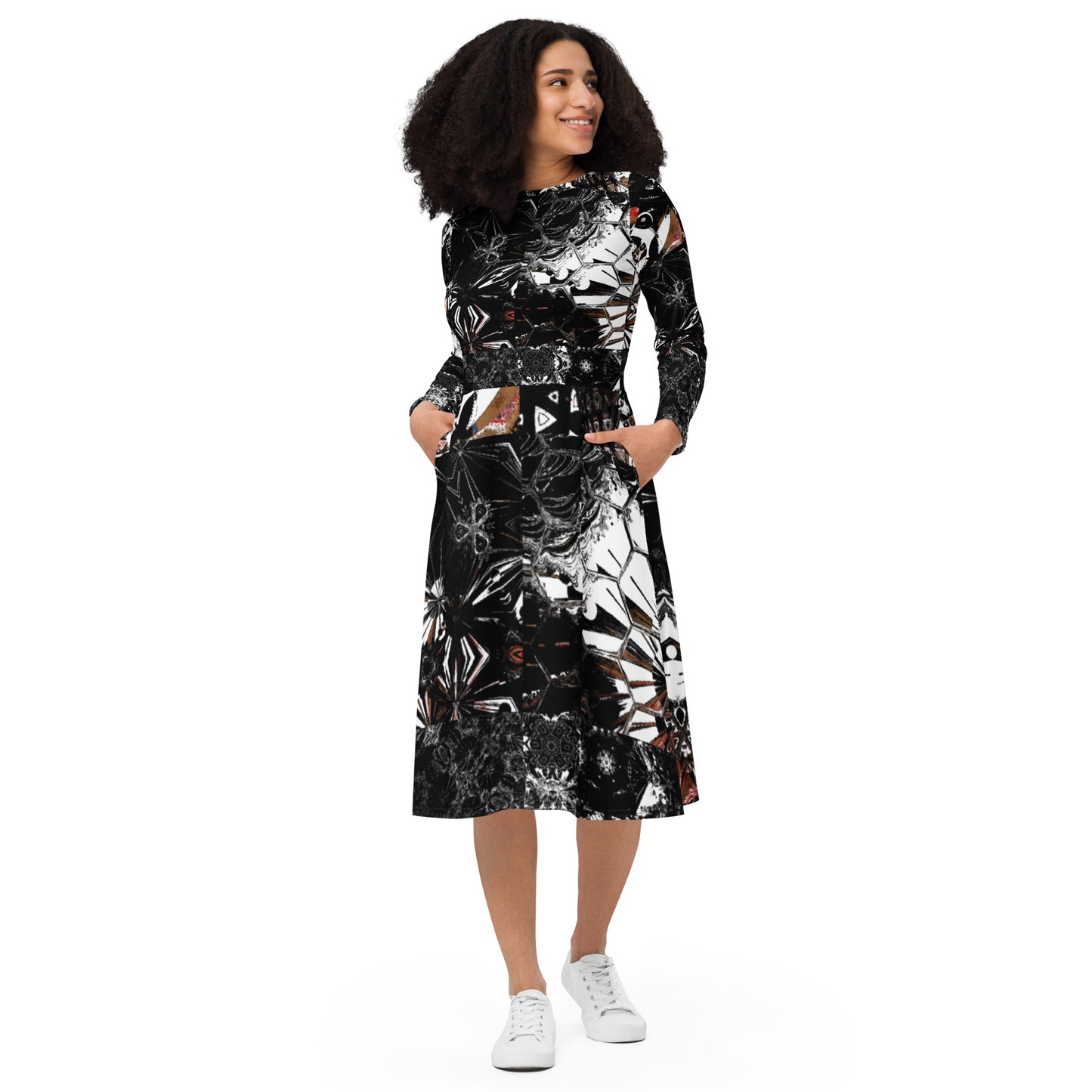 All-over print long sleeve midi dress