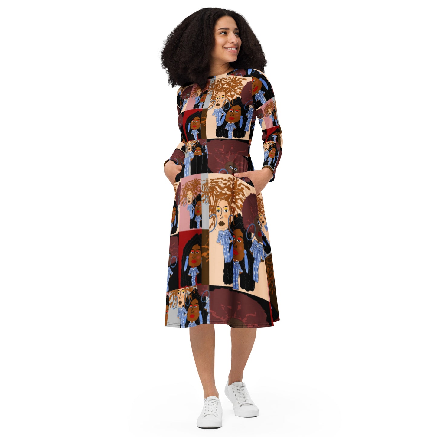 All-over print long sleeve midi dress