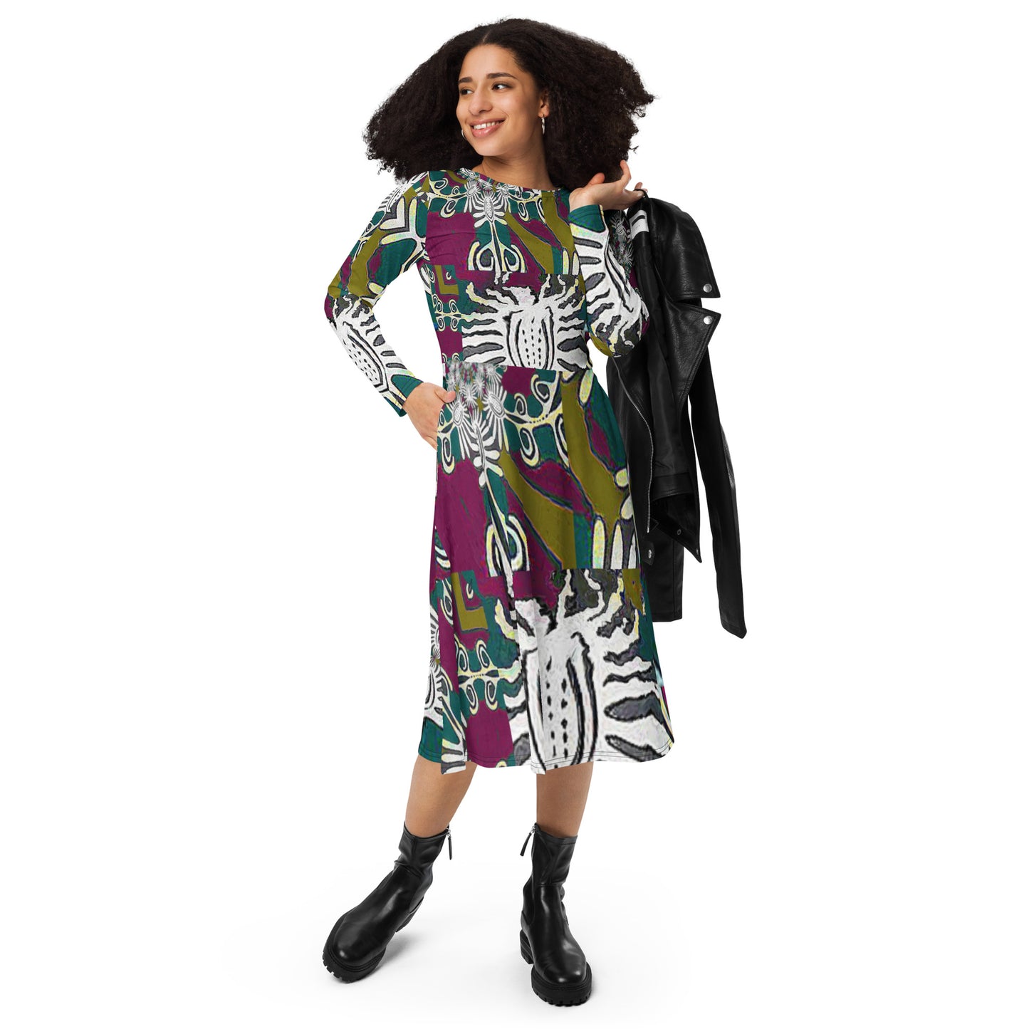 All-over print long sleeve midi dress