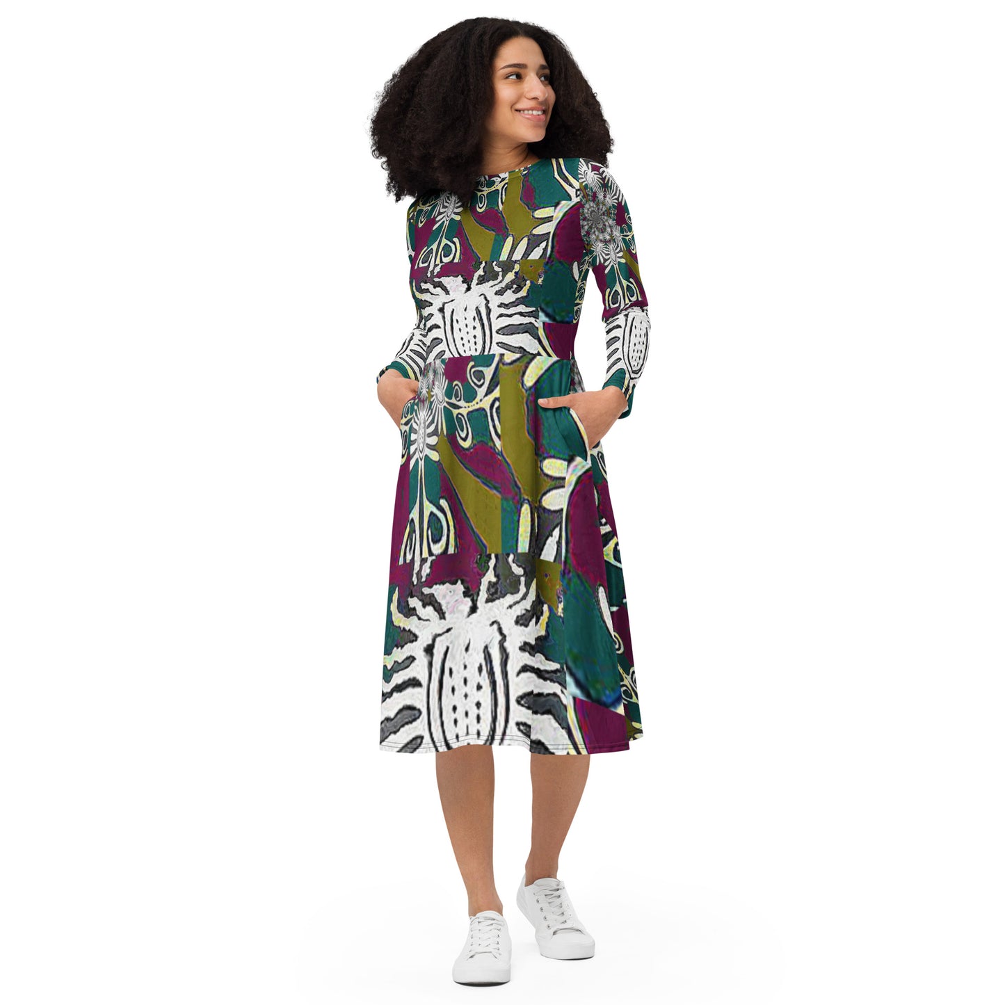 All-over print long sleeve midi dress