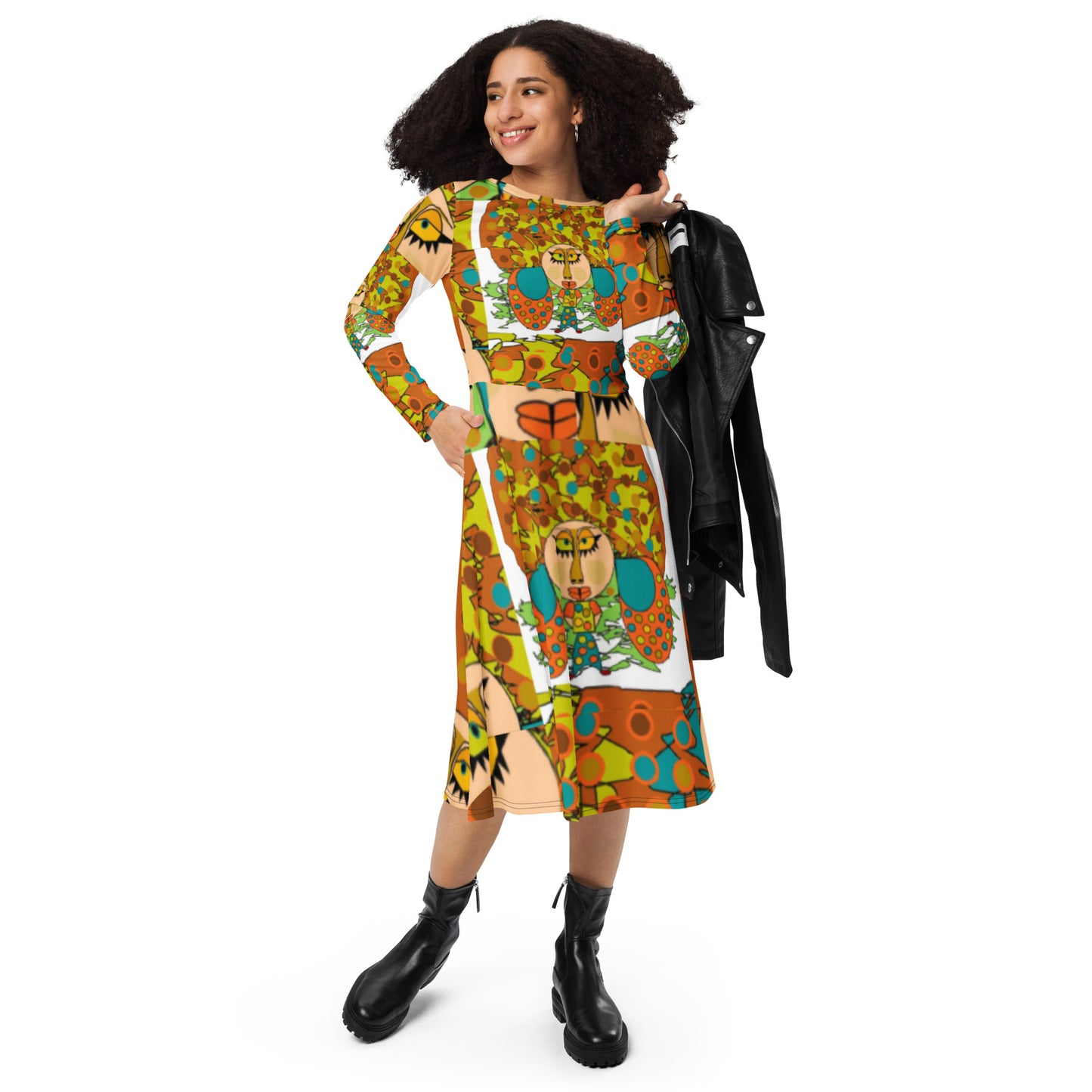 All-over print long sleeve midi dress