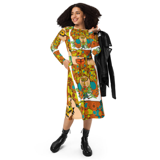 All-over print long sleeve midi dress