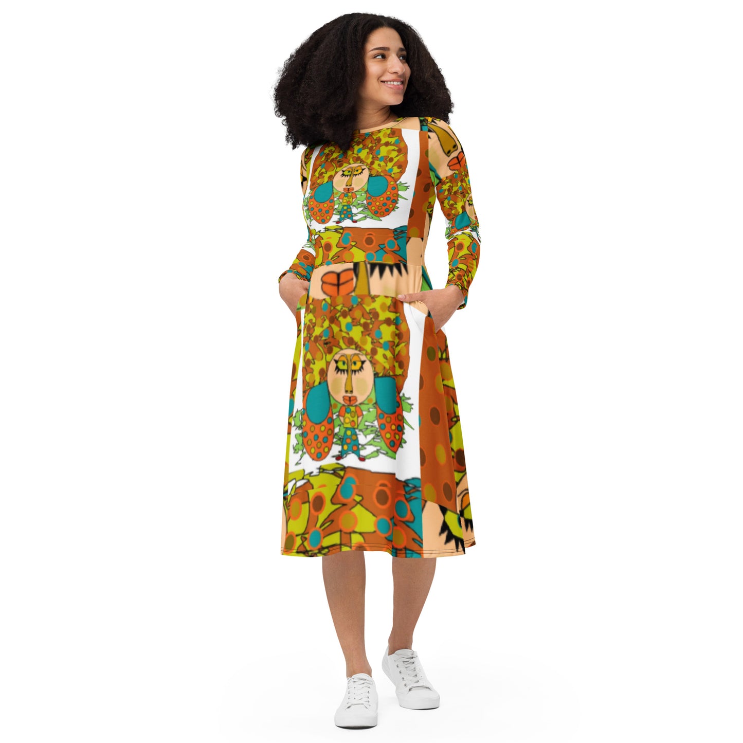 All-over print long sleeve midi dress