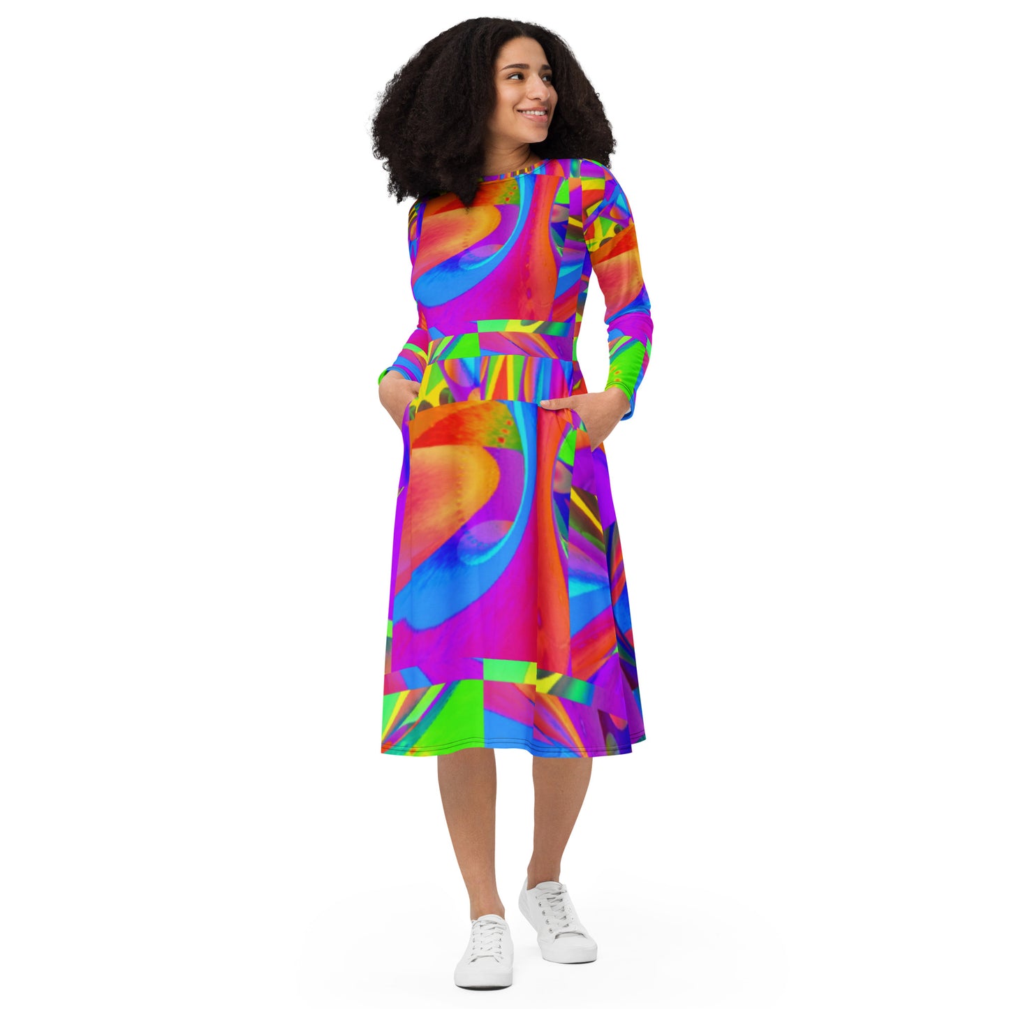 All-over print long sleeve midi dress