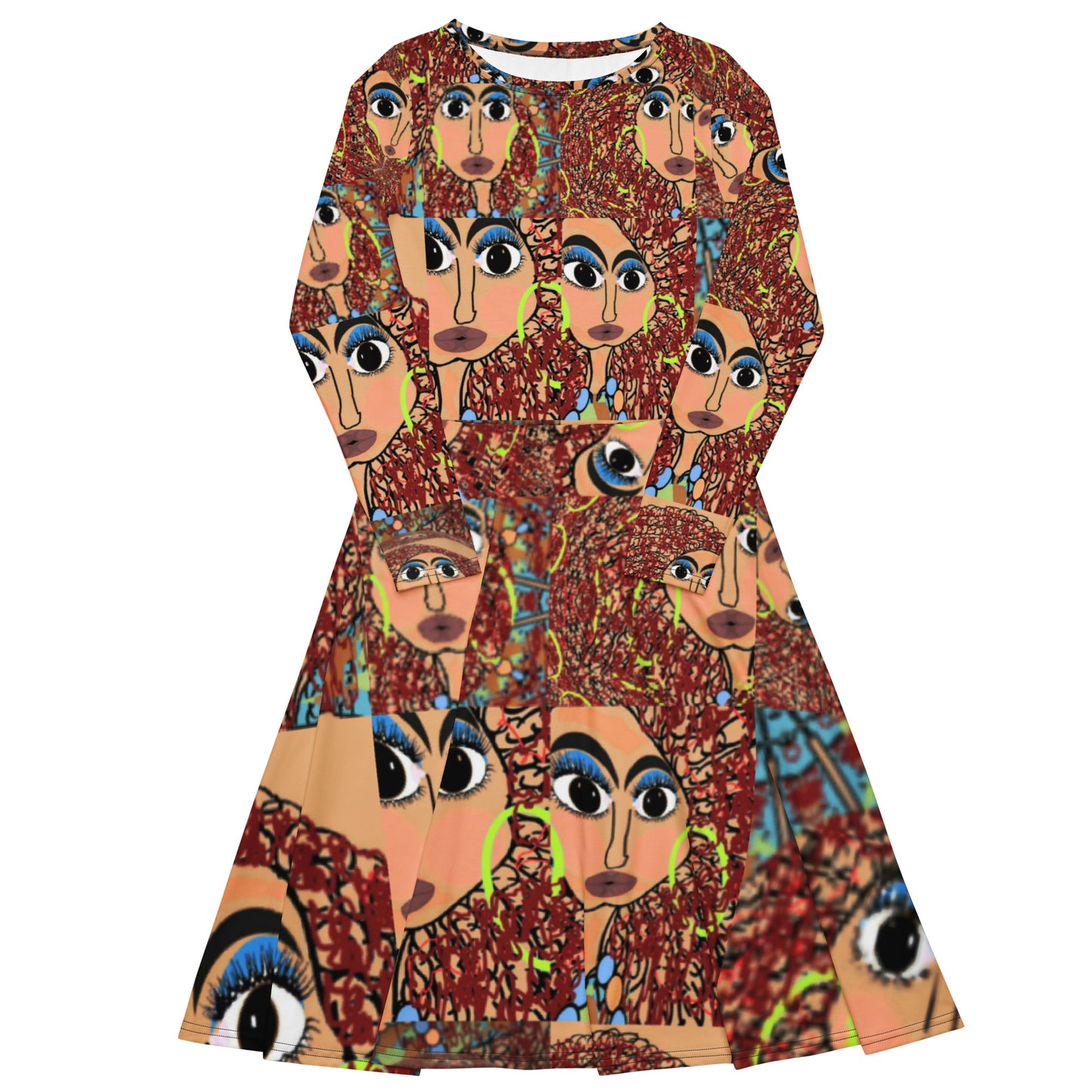 All-over print long sleeve midi dress