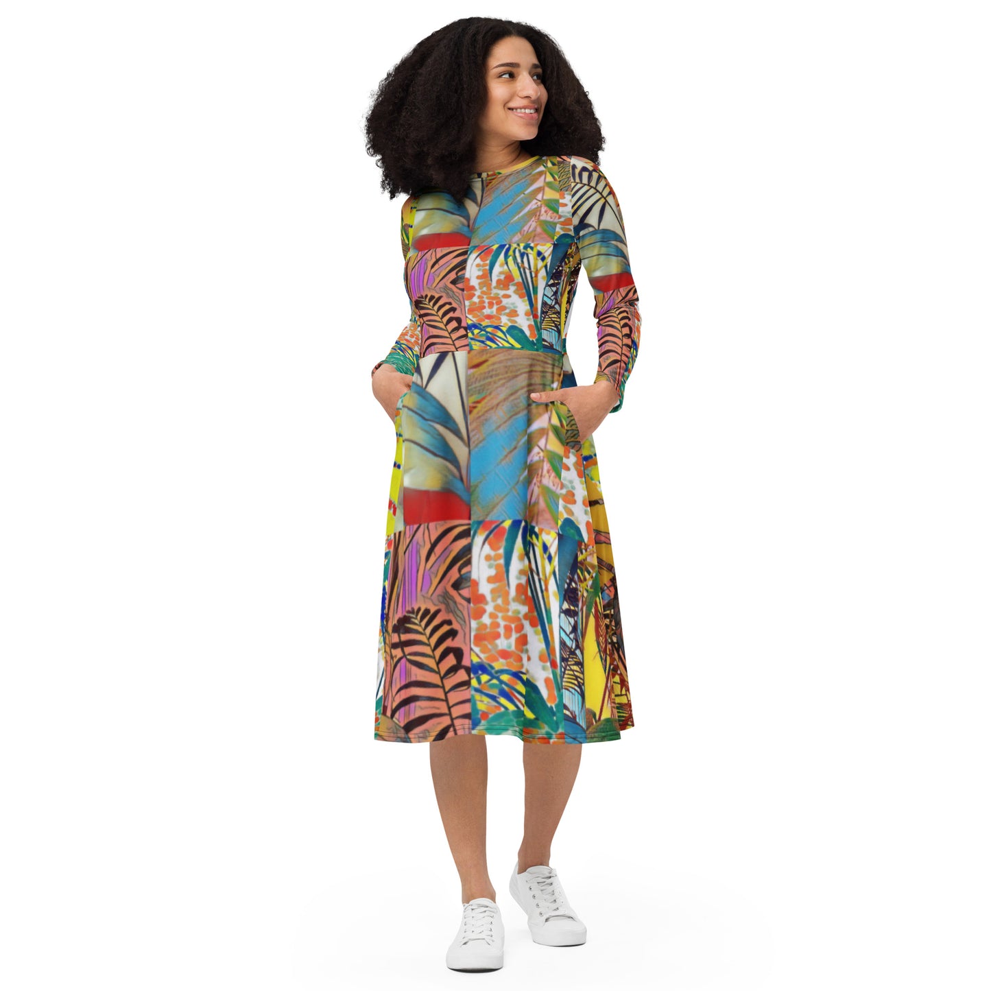 All-over print long sleeve midi dress