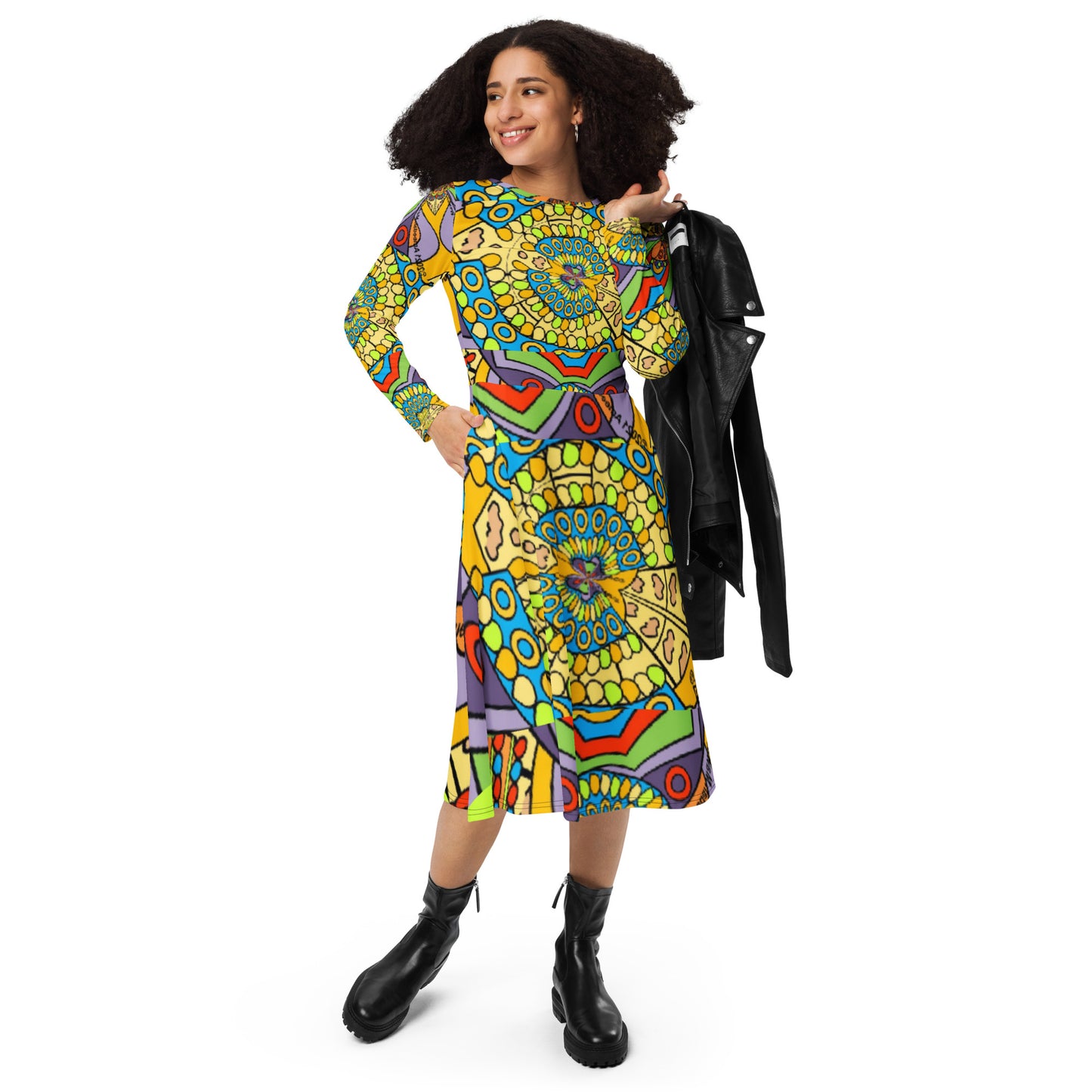 All-over print long sleeve midi dress