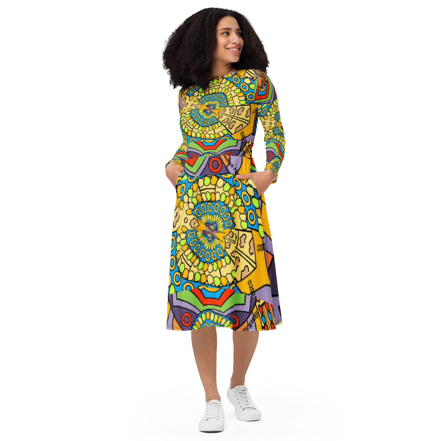 All-over print long sleeve midi dress