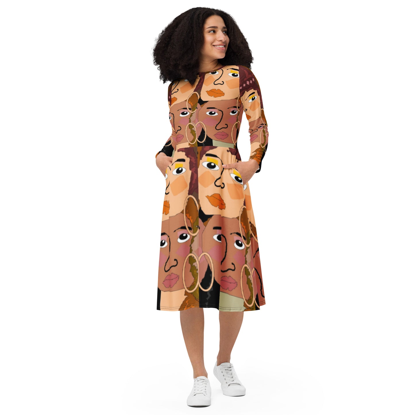 All-over print long sleeve midi dress