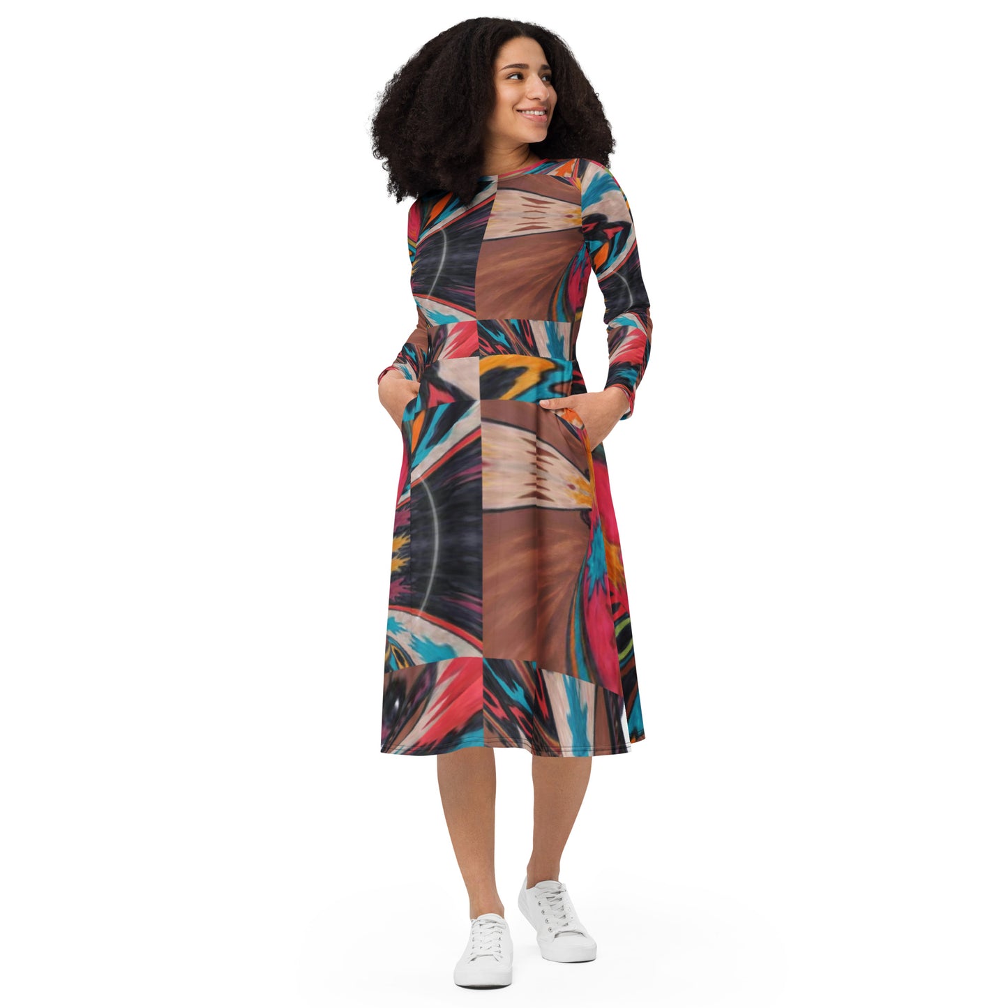 All-over print long sleeve midi dress