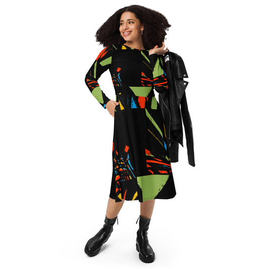 All-over print long sleeve midi dress