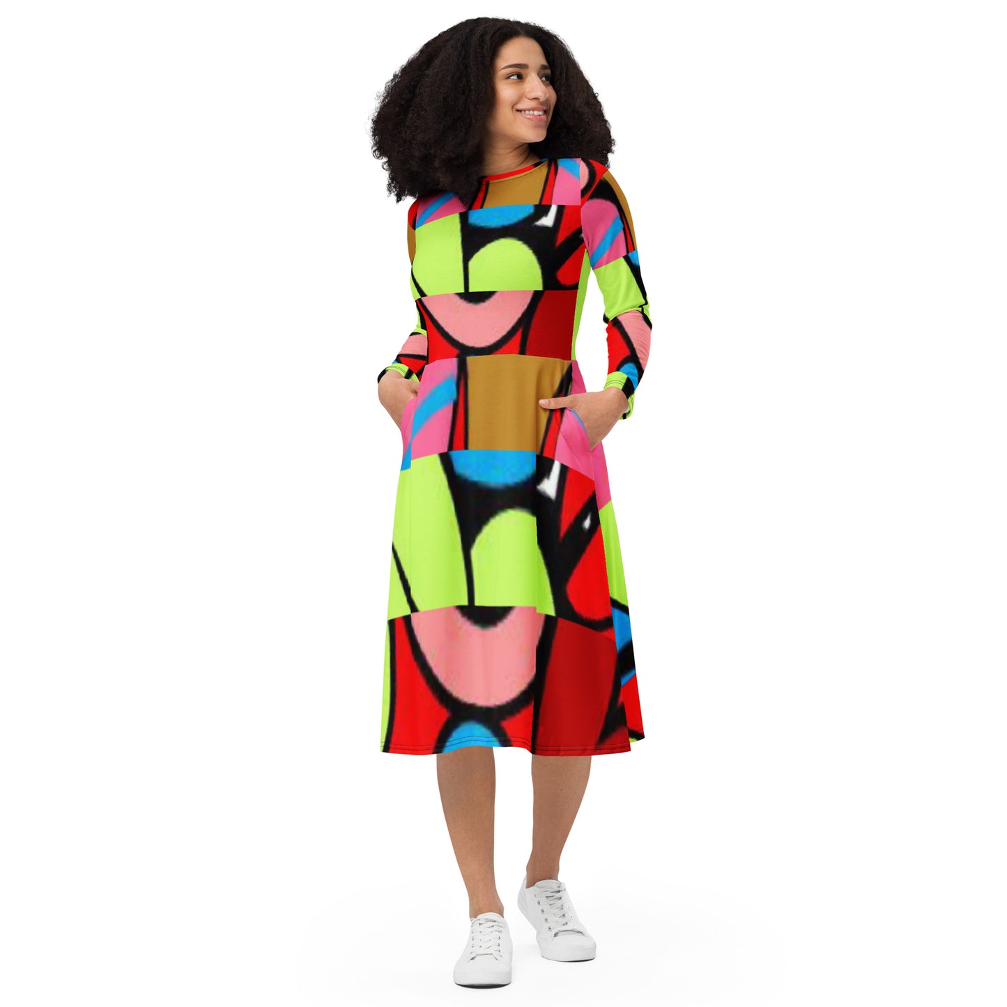 All-over print long sleeve midi dress