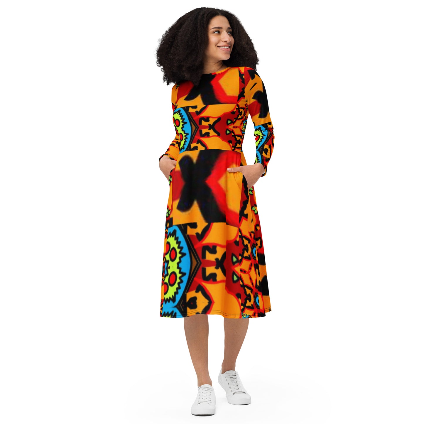 All-over print long sleeve midi dress