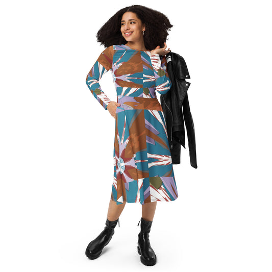 All-over print long sleeve midi dress