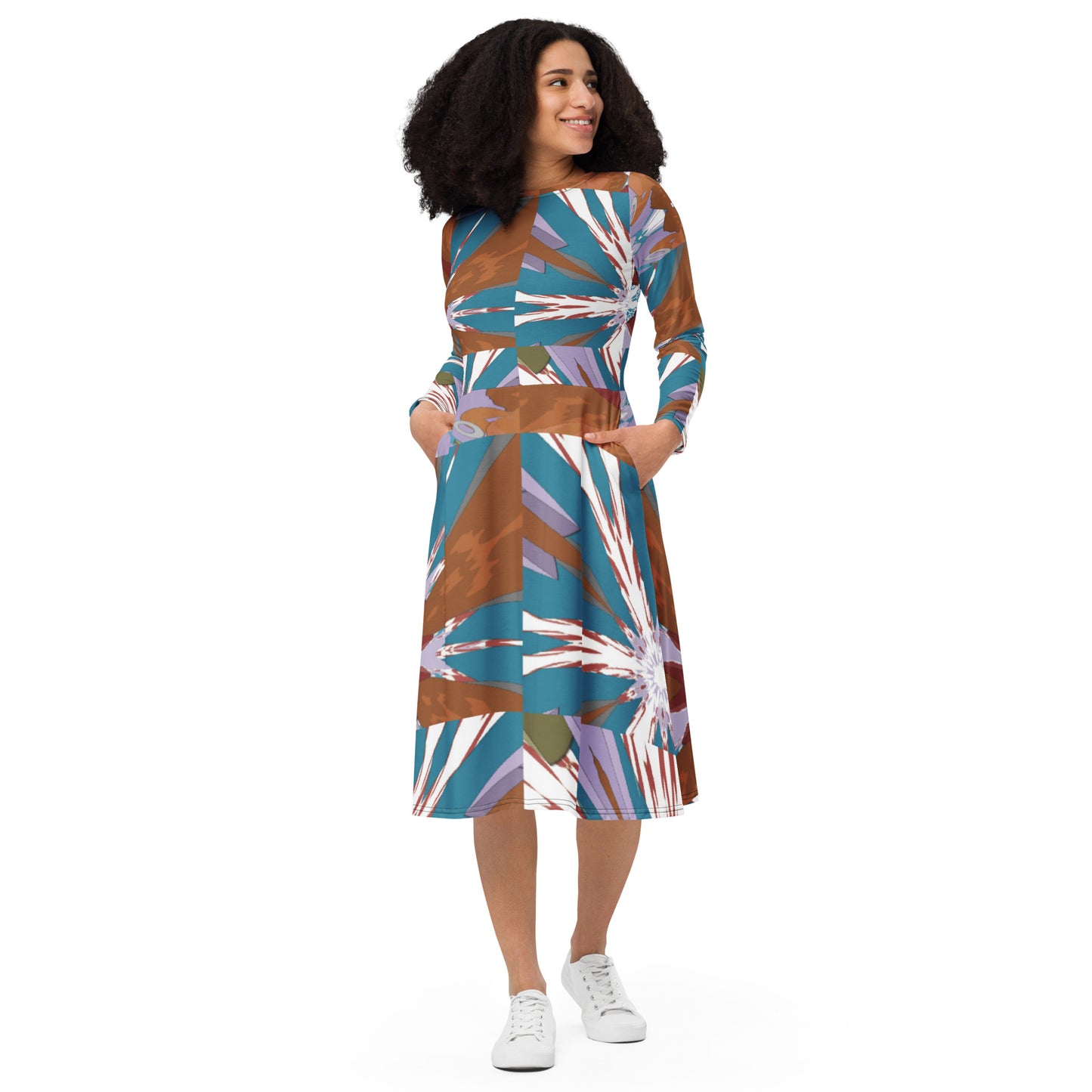 All-over print long sleeve midi dress