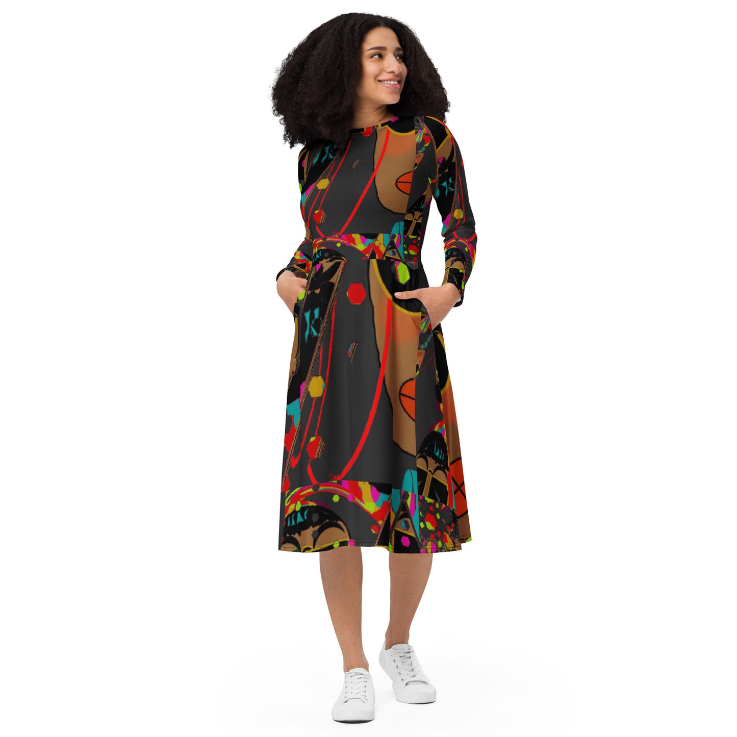 All-over print long sleeve midi dress