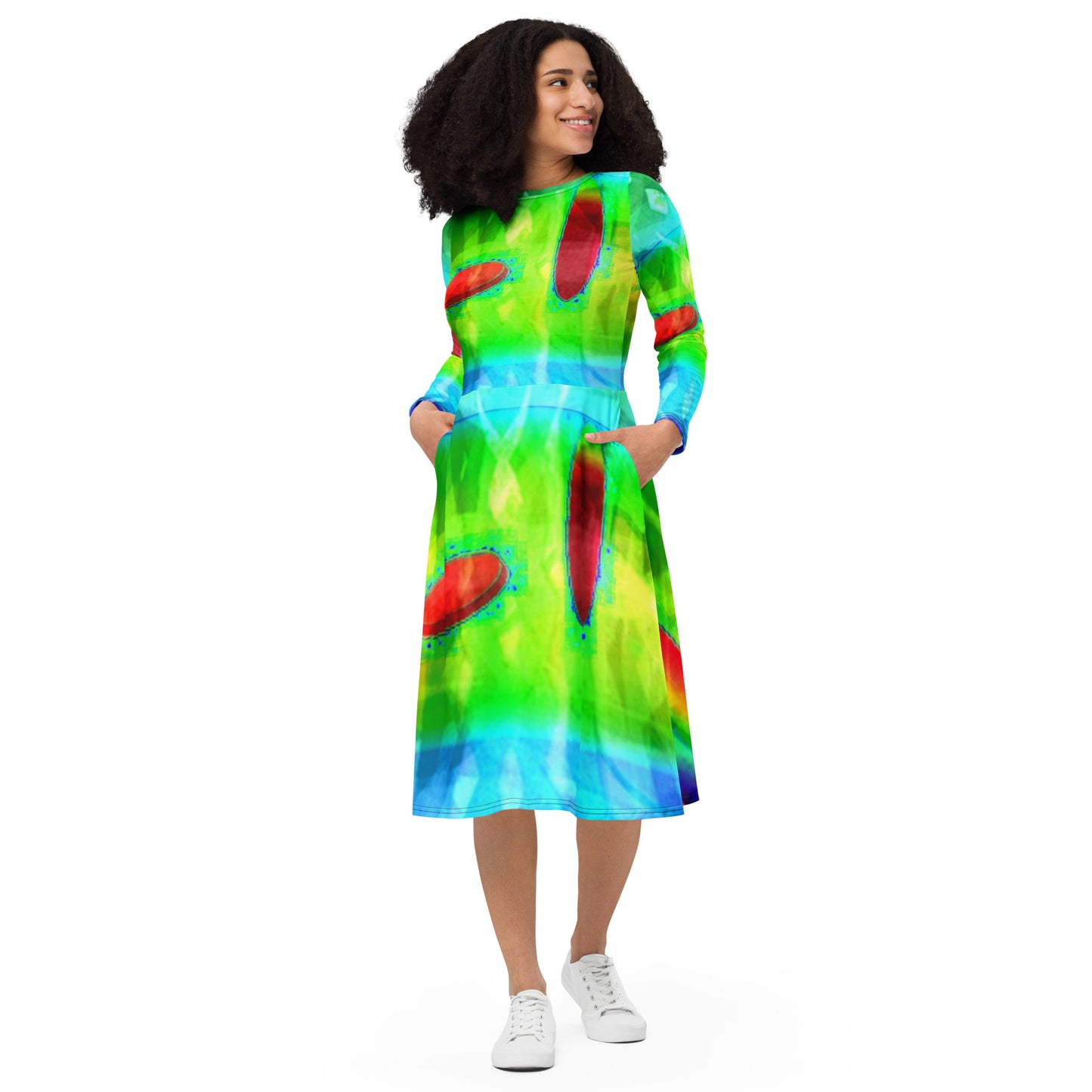 All-over print long sleeve midi dress