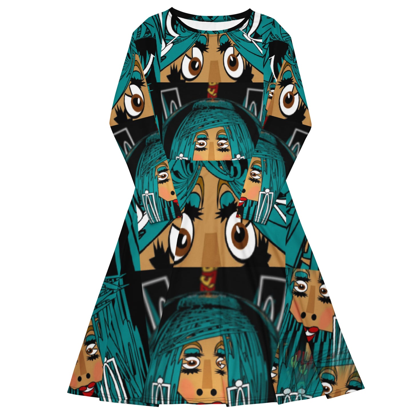 All-over print long sleeve midi dress