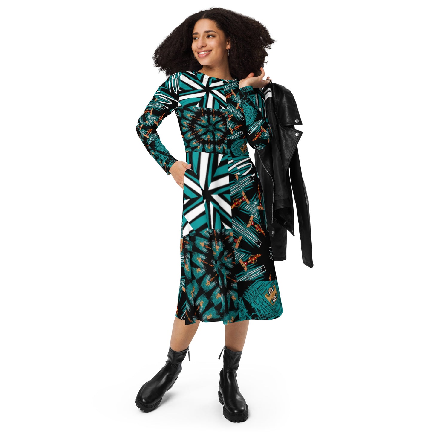 All-over print long sleeve midi dress