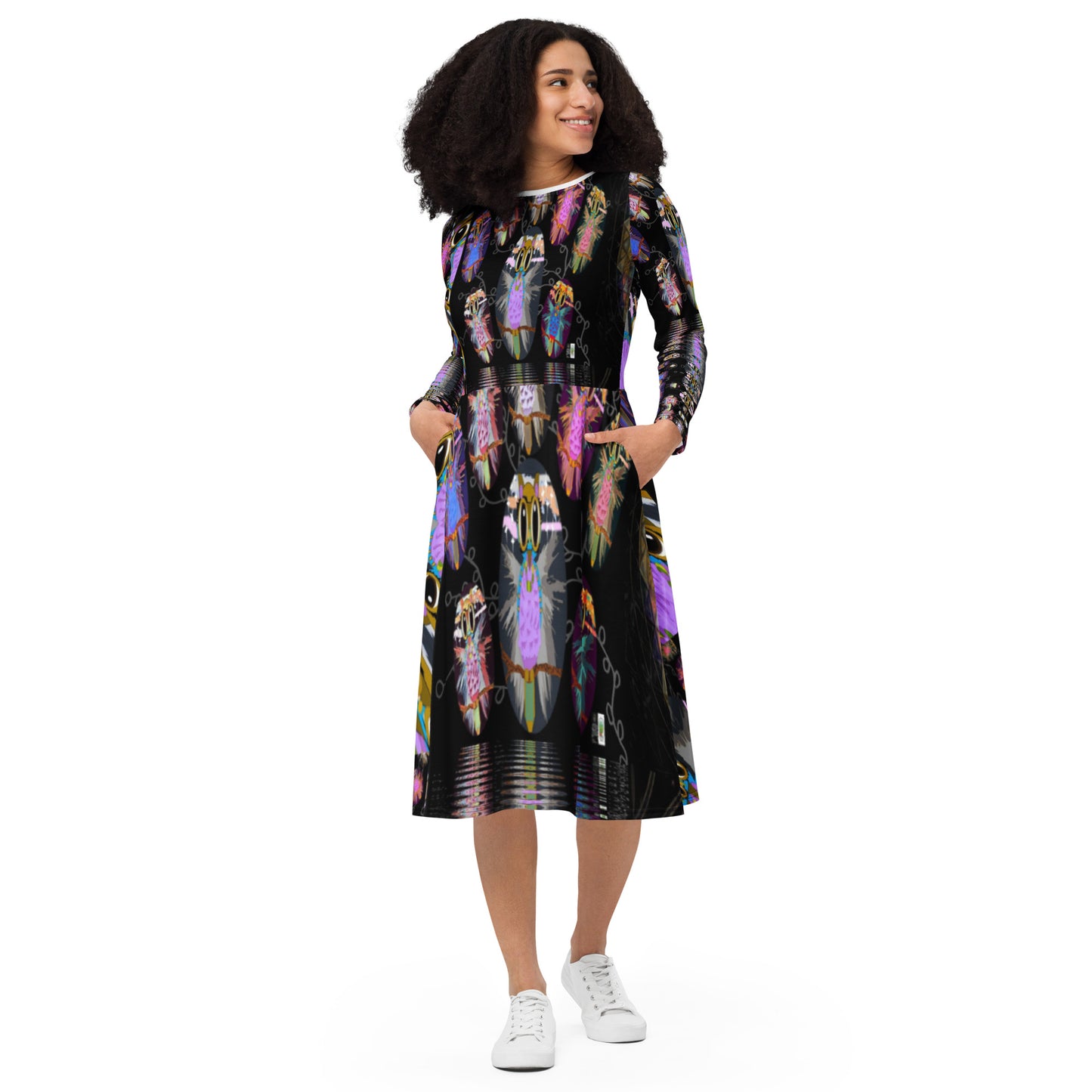 All-over print long sleeve midi dress