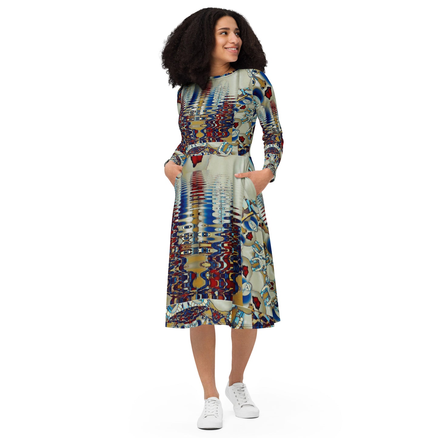 All-over print long sleeve midi dress