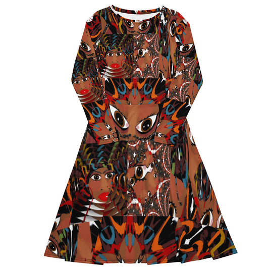 All-over print long sleeve midi dress