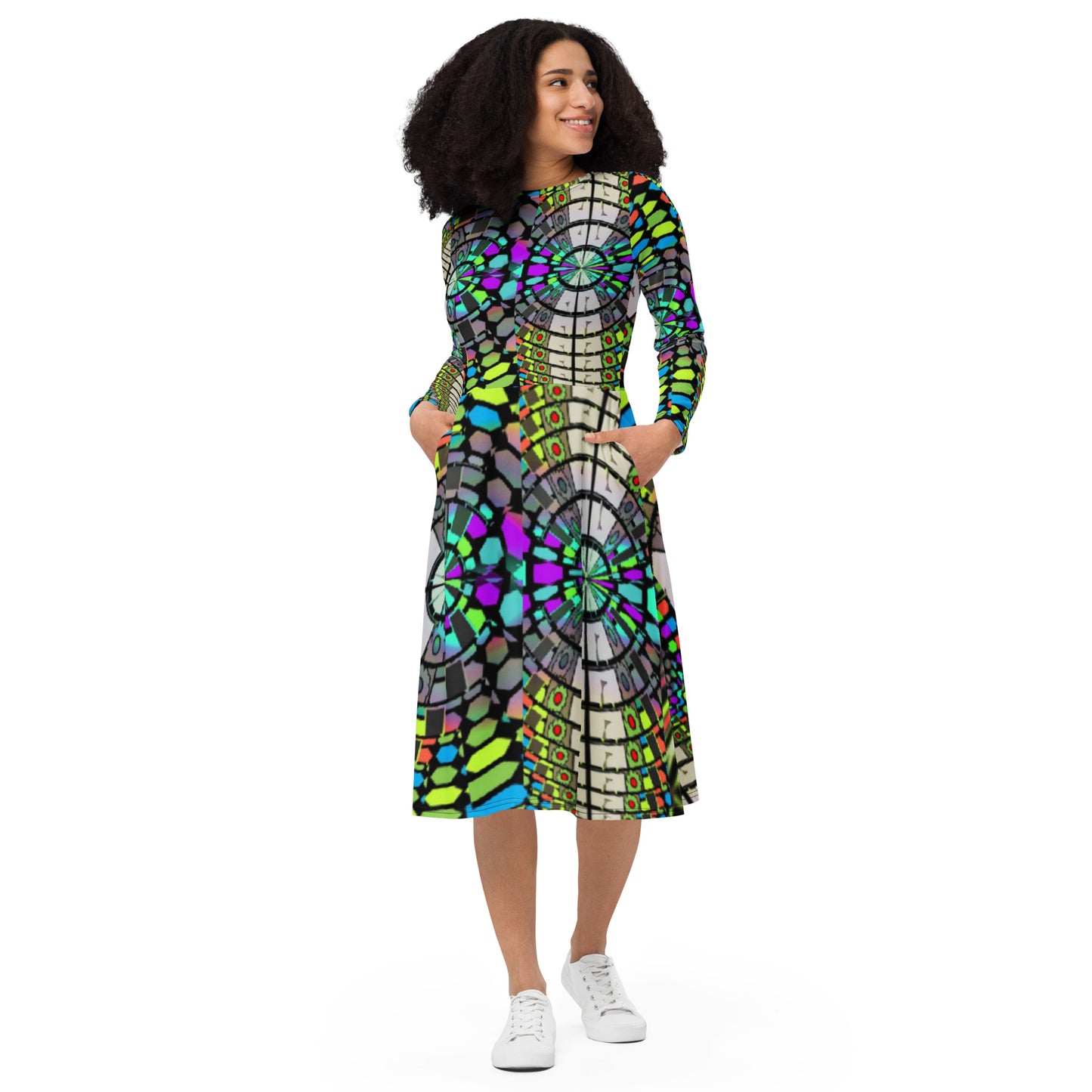 All-over print long sleeve midi dress