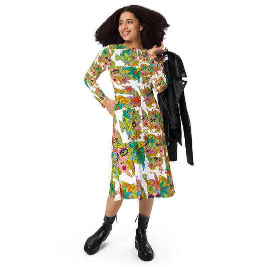 All-over print long sleeve midi dress