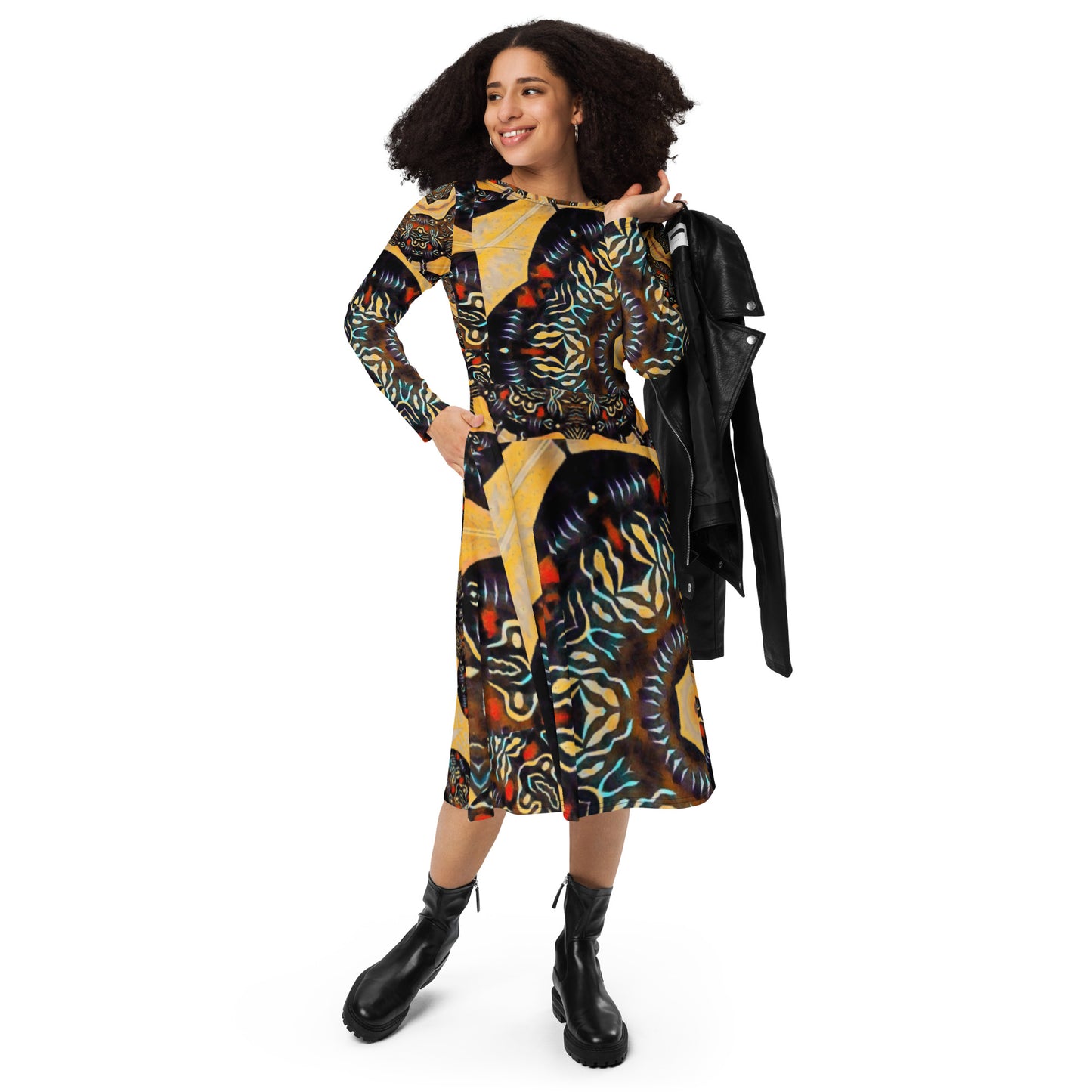 All-over print long sleeve midi dress