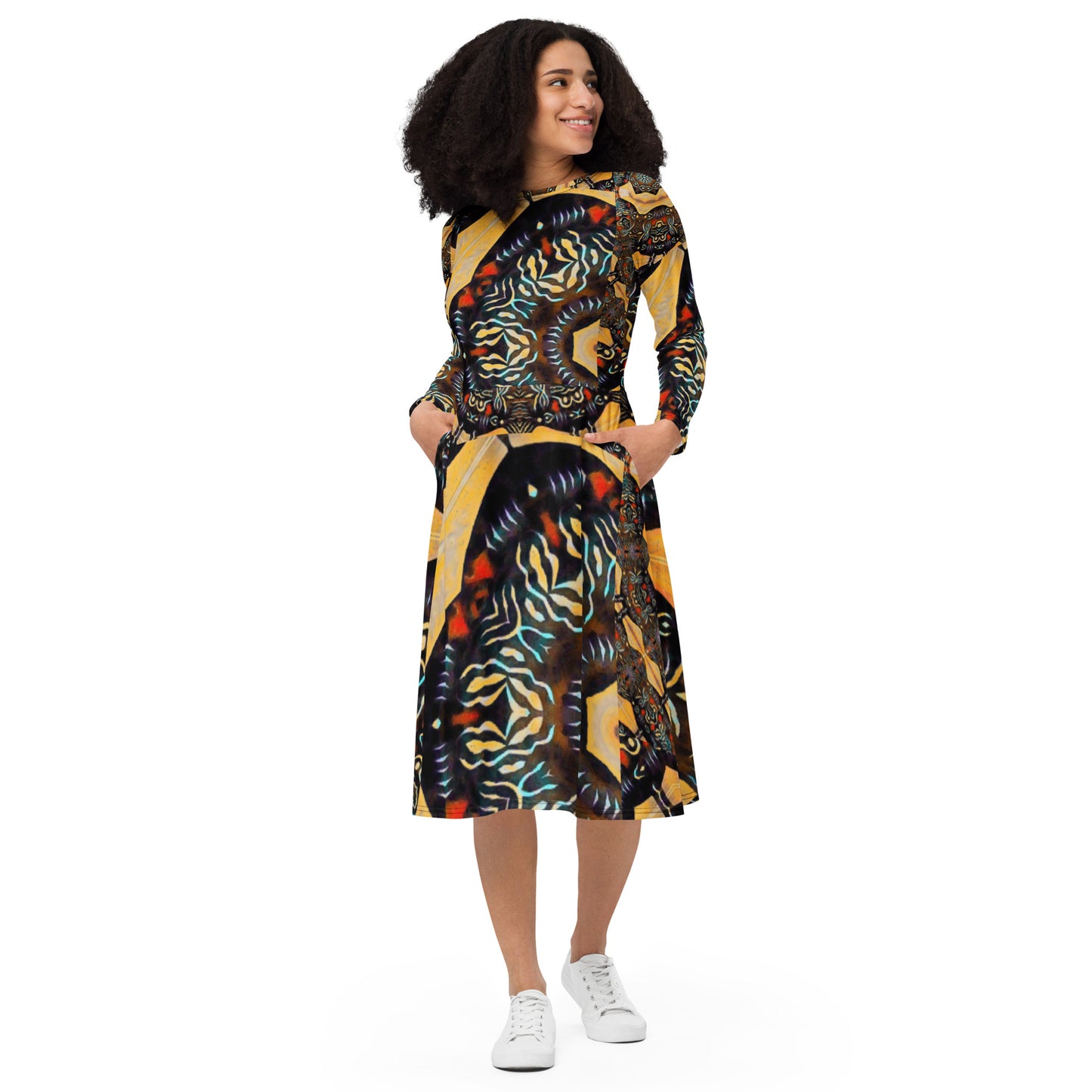 All-over print long sleeve midi dress