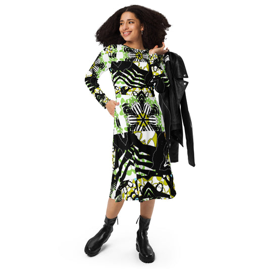 All-over print long sleeve midi dress