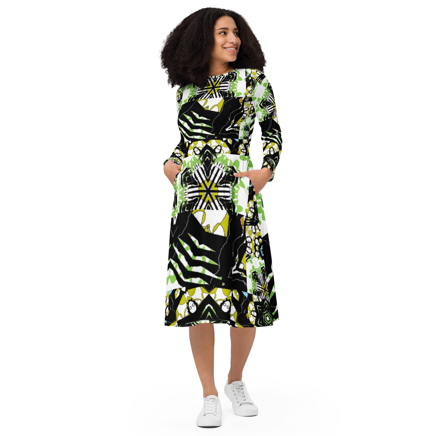 All-over print long sleeve midi dress