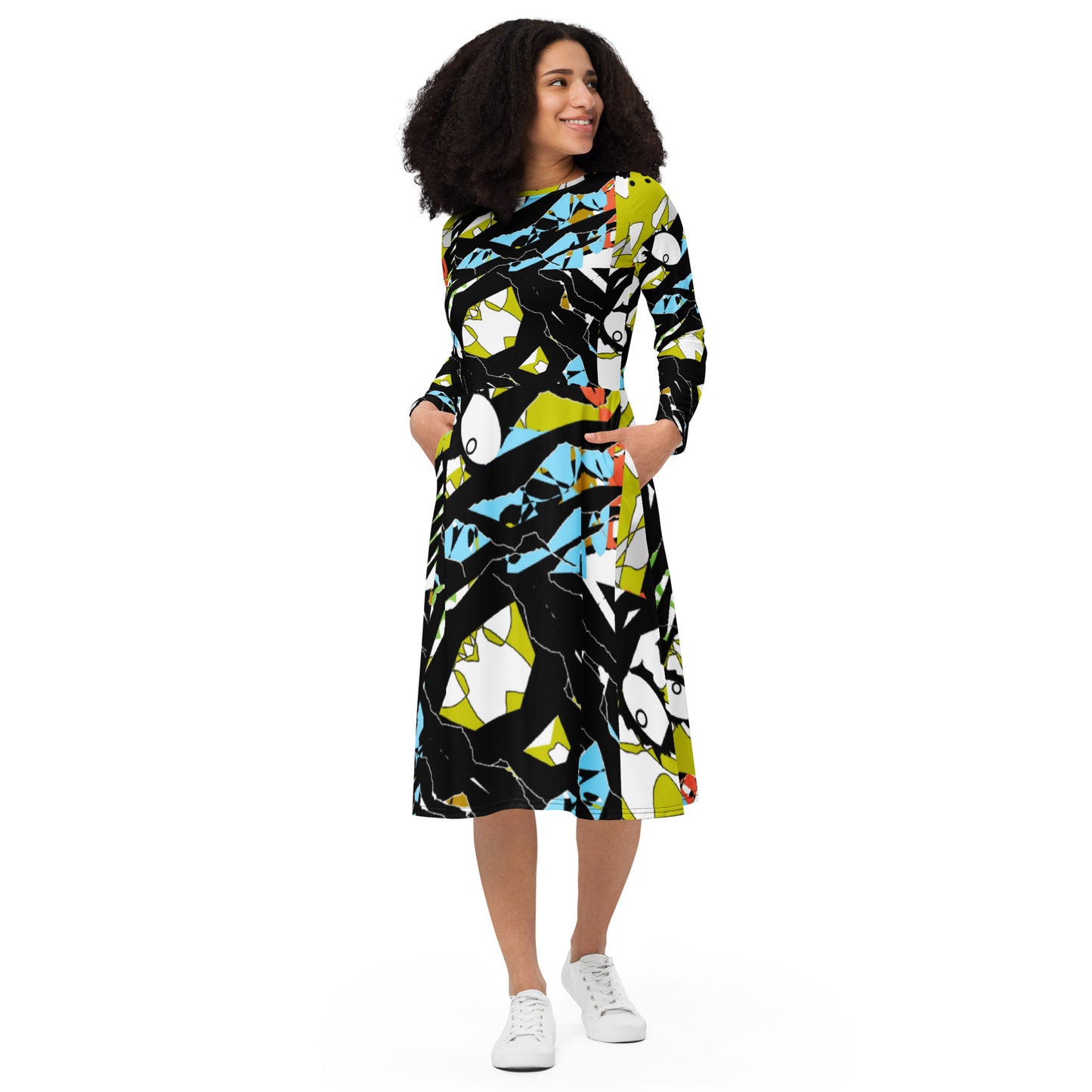 All-over print long sleeve midi dress