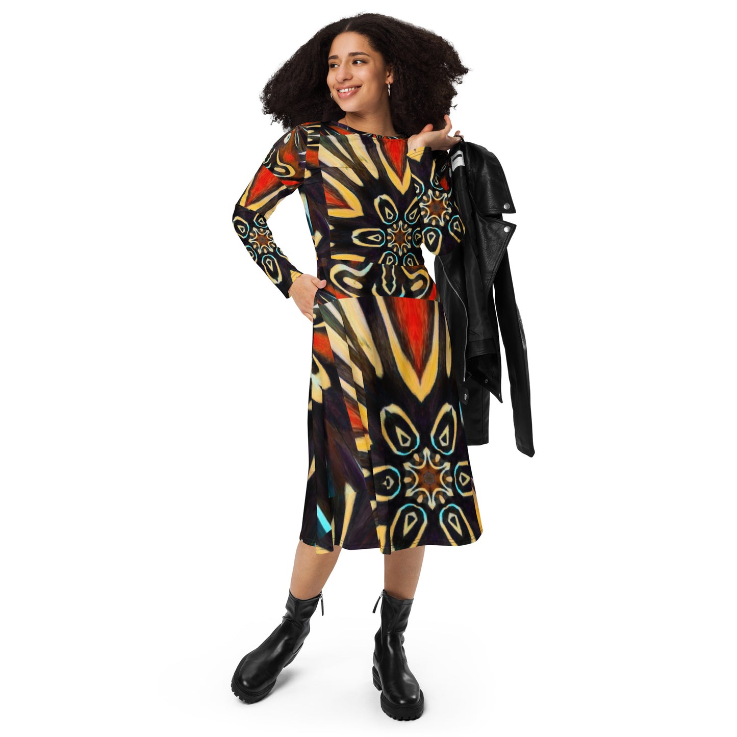 All-over print long sleeve midi dress