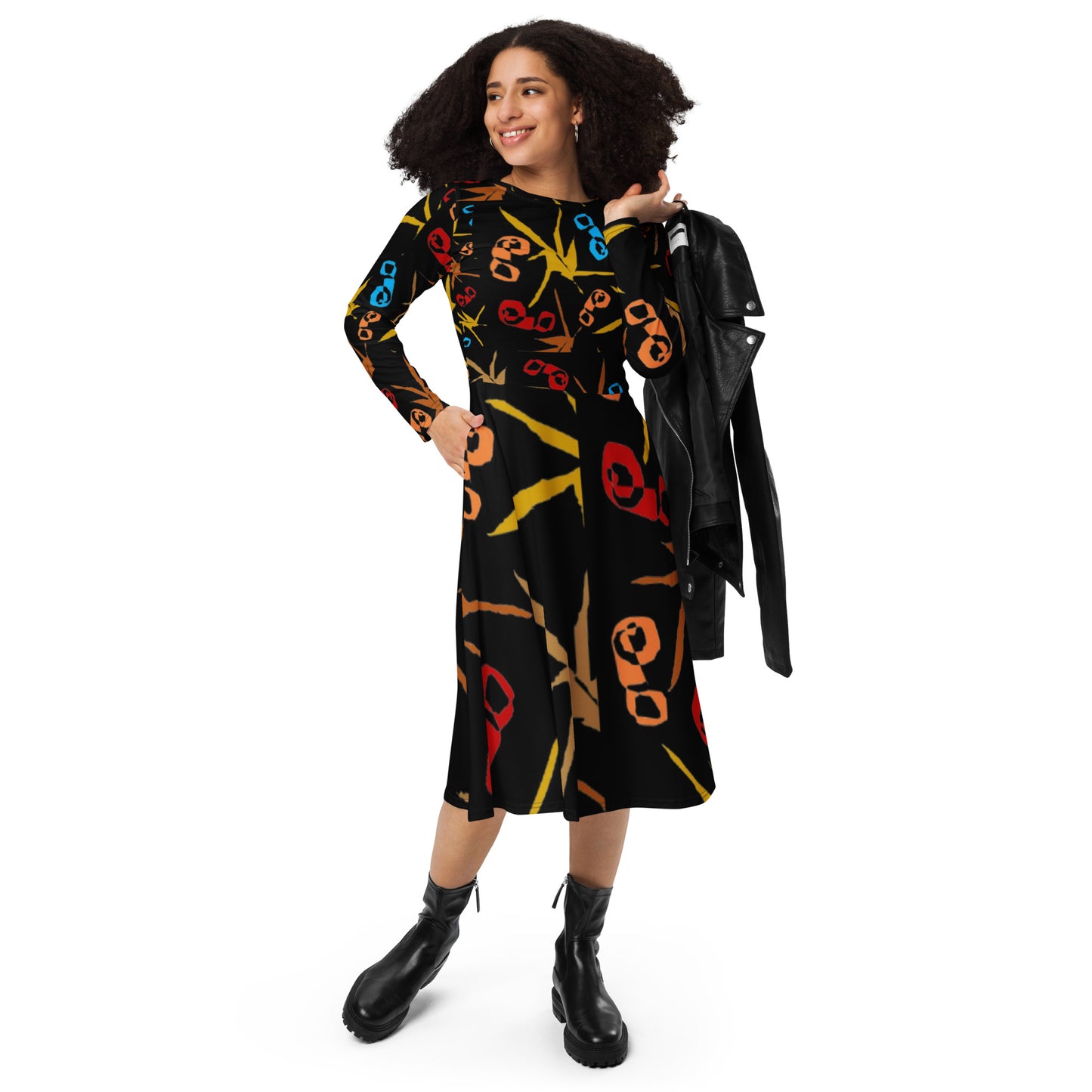 All-over print long sleeve midi dress