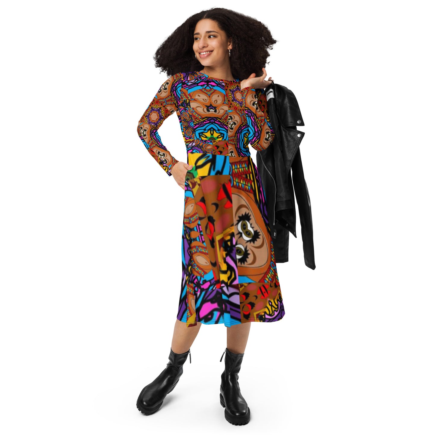 All-over print long sleeve midi dress