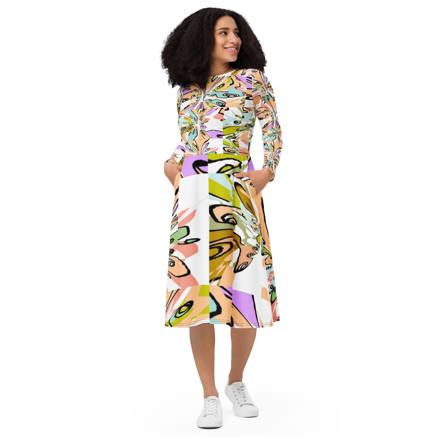 All-over print long sleeve midi dress