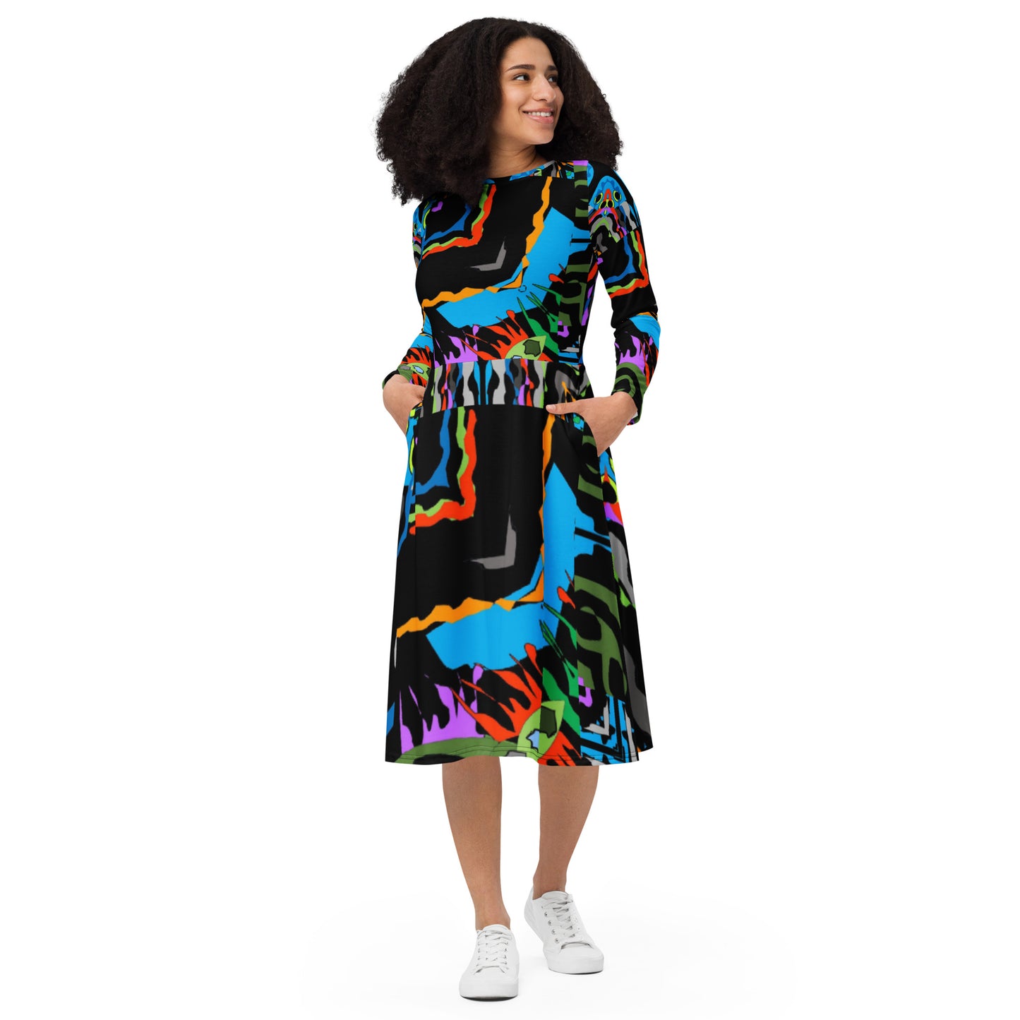 All-over print long sleeve midi dress