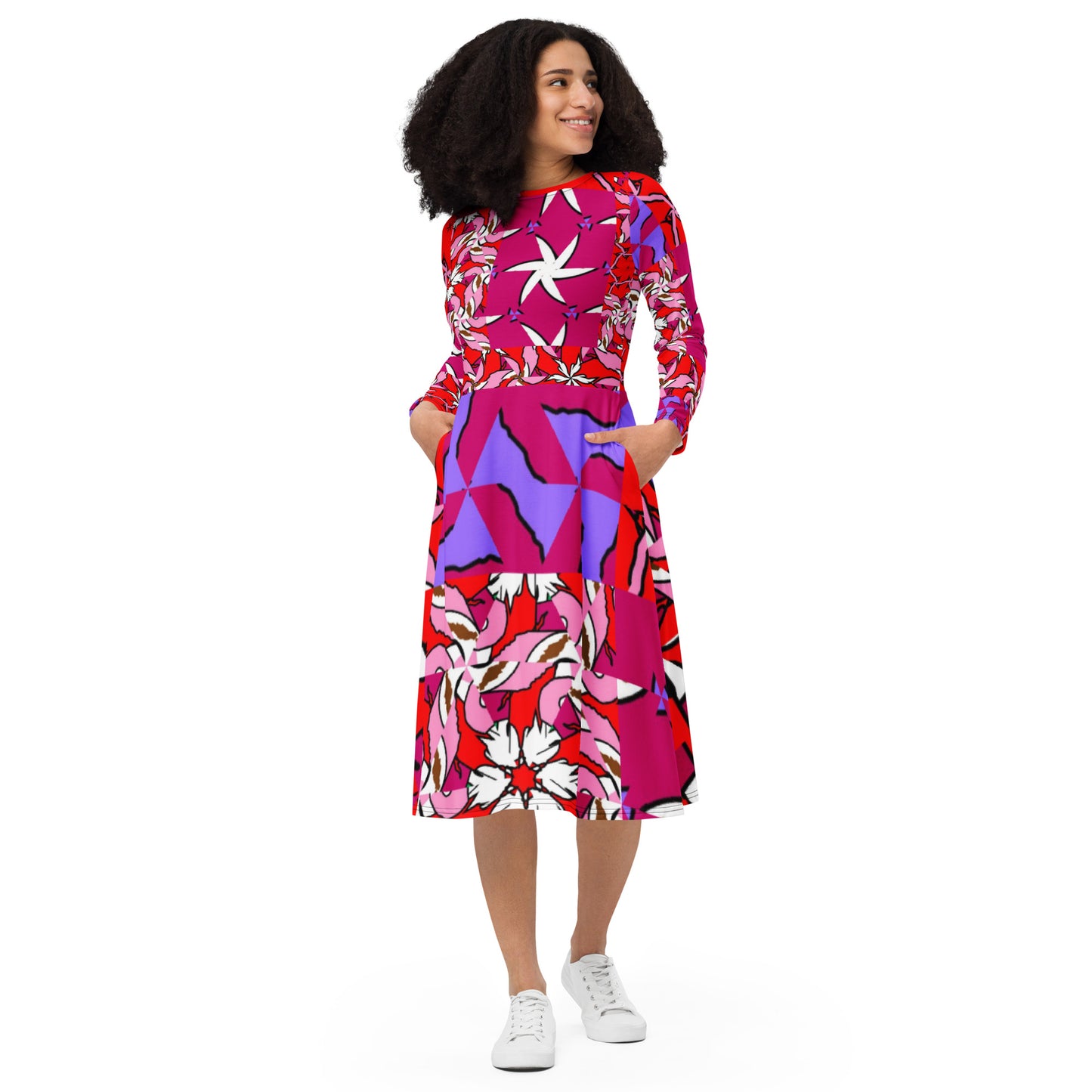 All-over print long sleeve midi dress