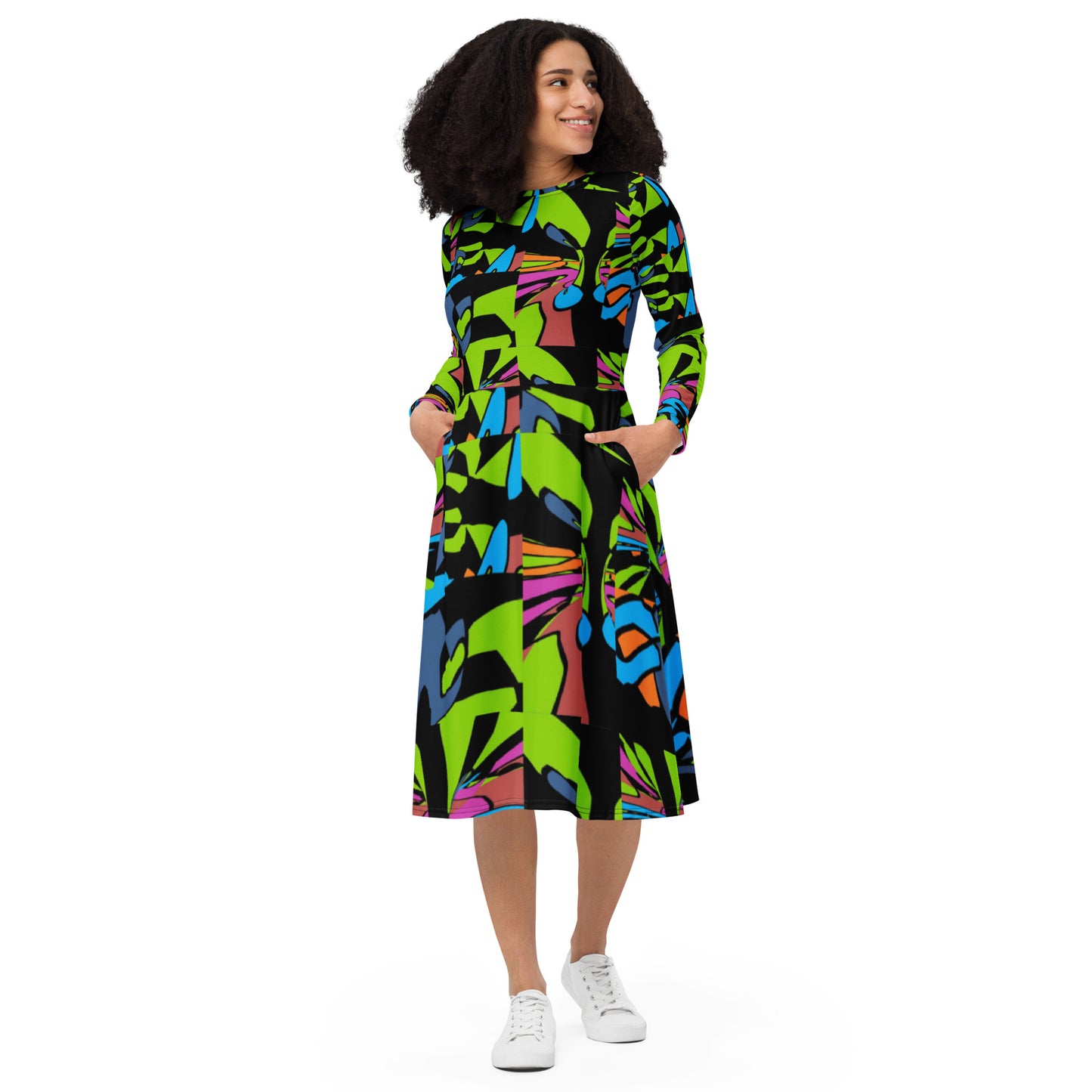 All-over print long sleeve midi dress