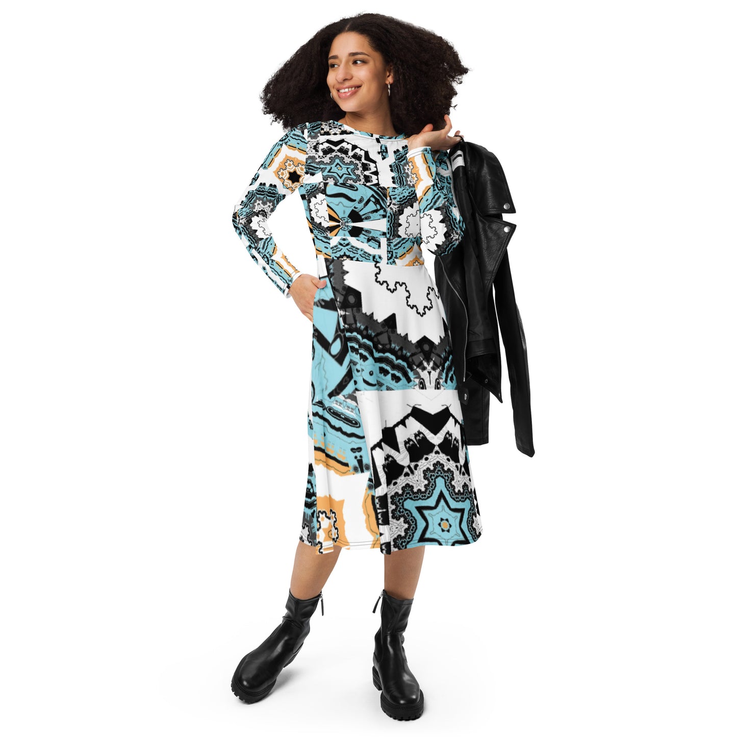 All-over print long sleeve midi dress