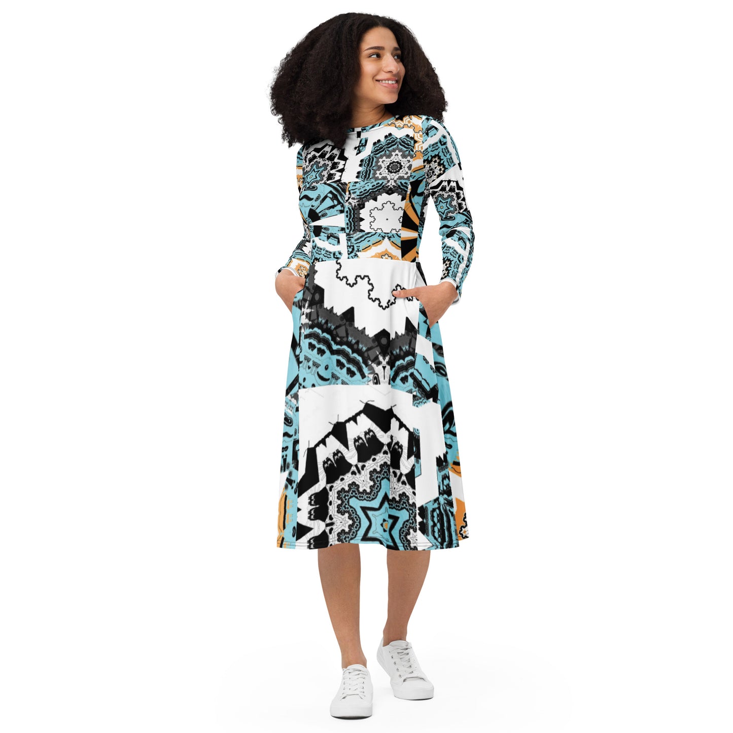 All-over print long sleeve midi dress