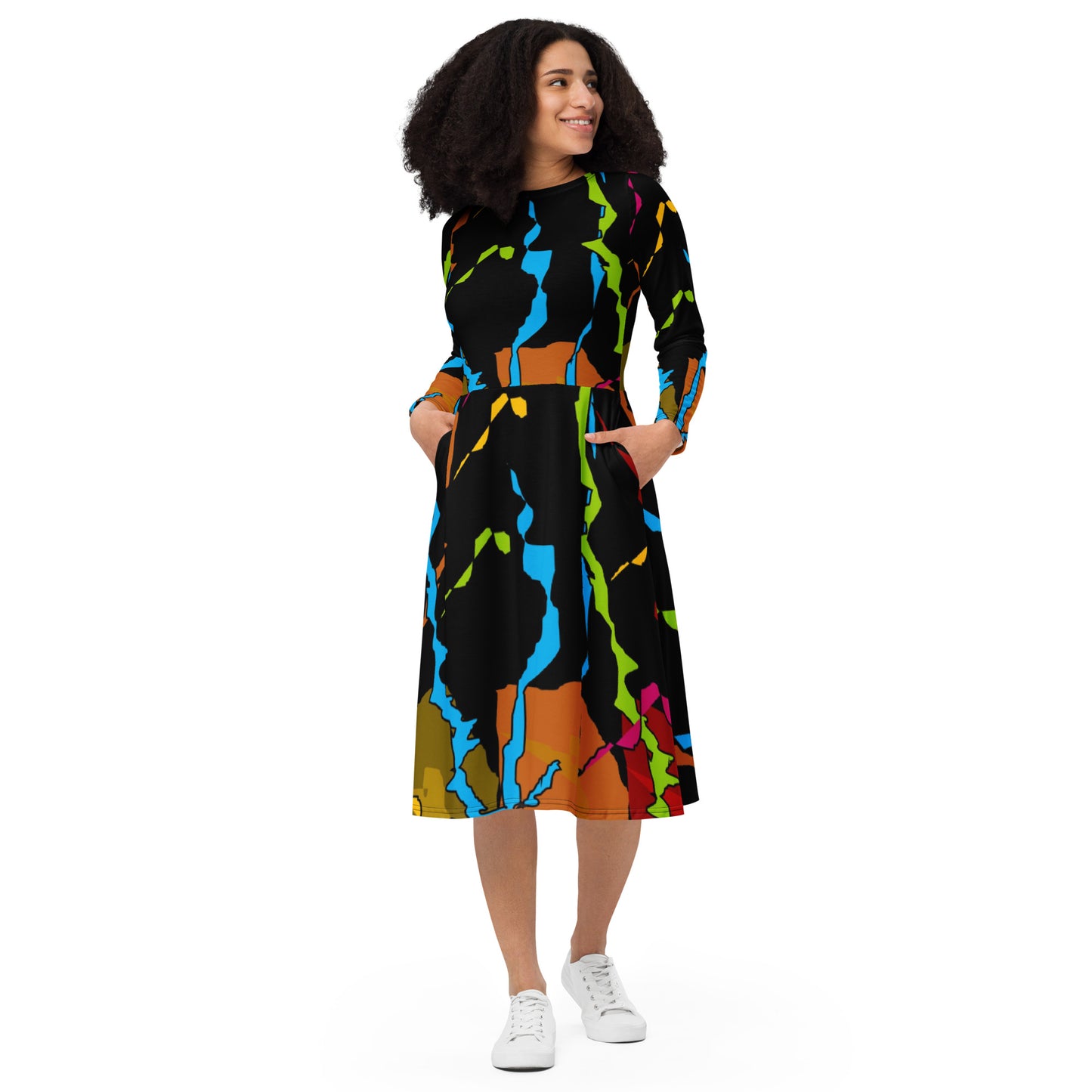 All-over print long sleeve midi dress