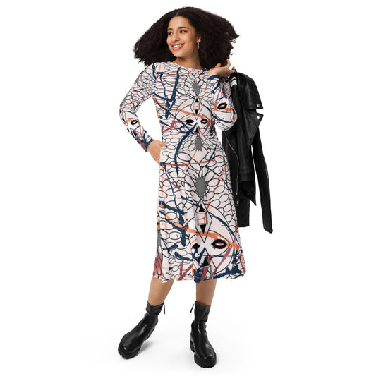 All-over print long sleeve midi dress