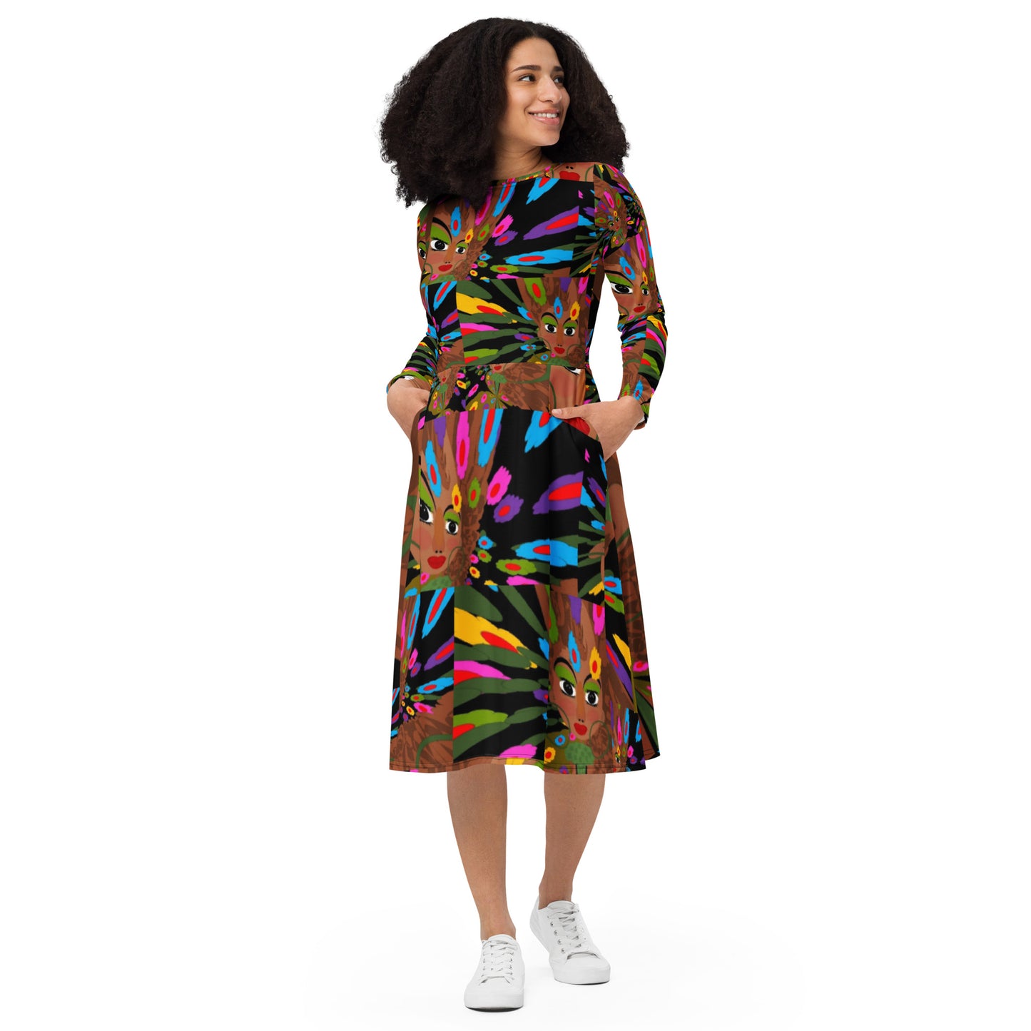 All-over print long sleeve midi dress