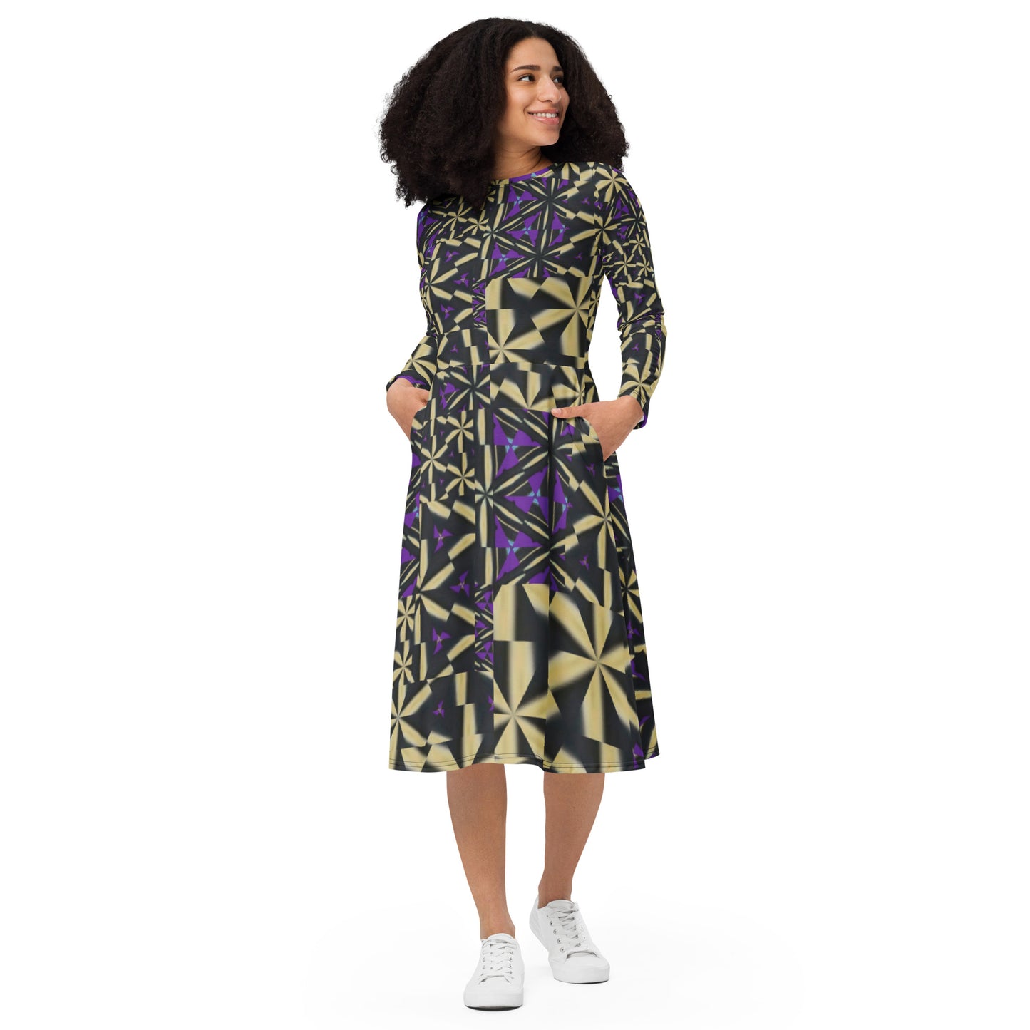 All-over print long sleeve midi dress