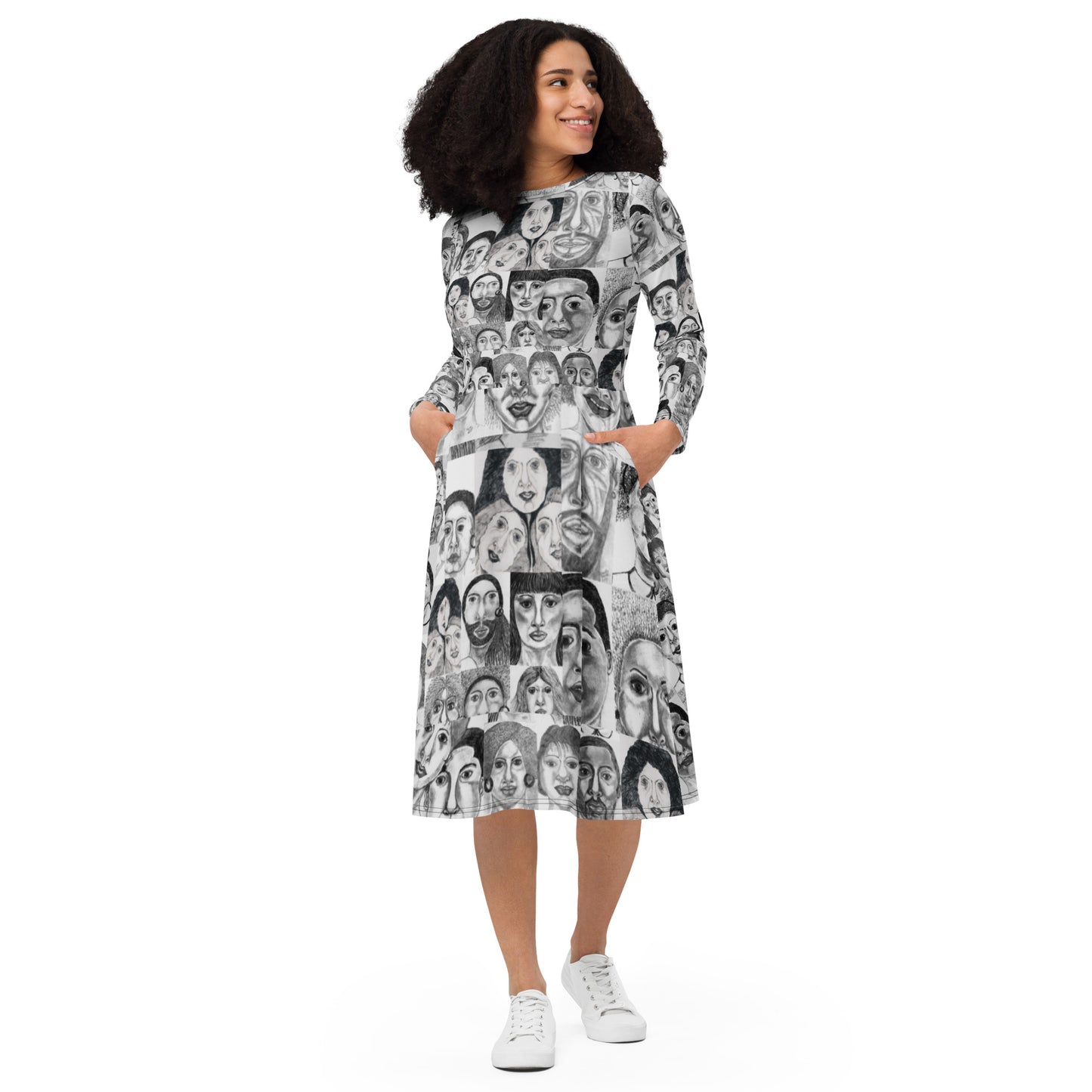 All-over print long sleeve midi dress